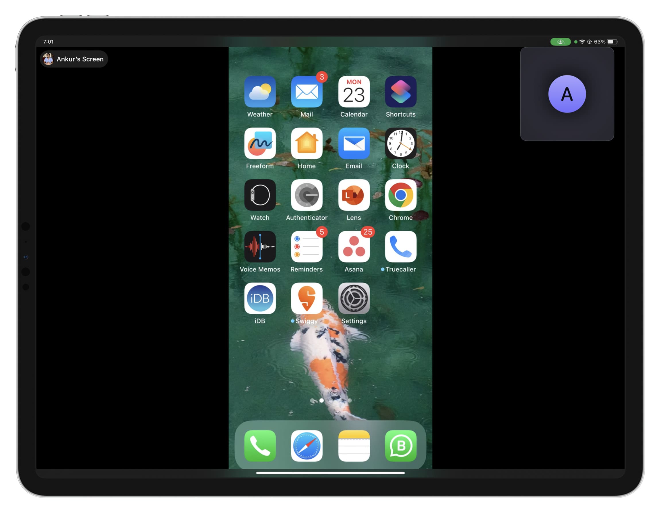 iPhone screen shared via FaceTime to an iPad