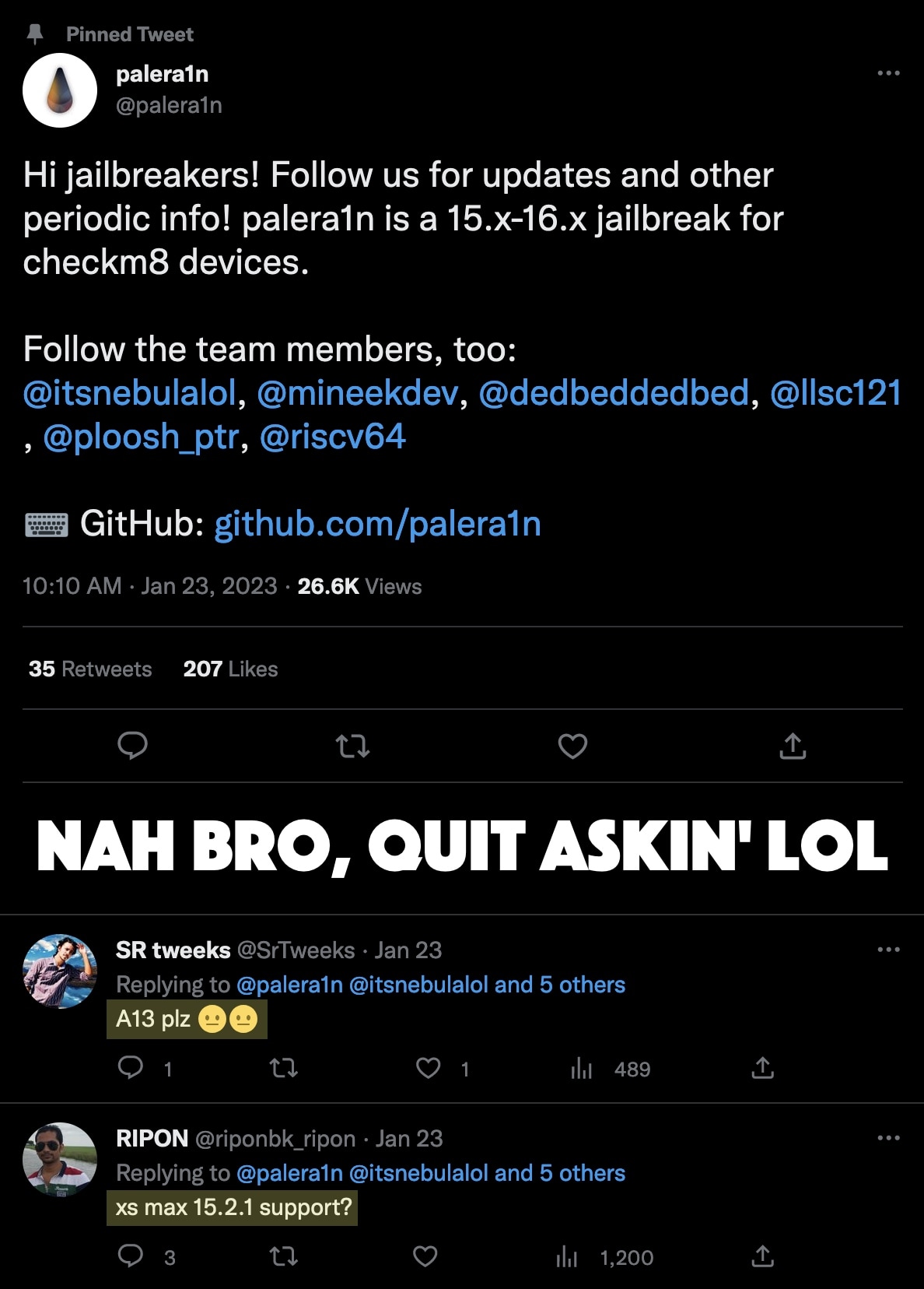 People ask the palera1n team if the jailbreak will ever support A12 or newer.