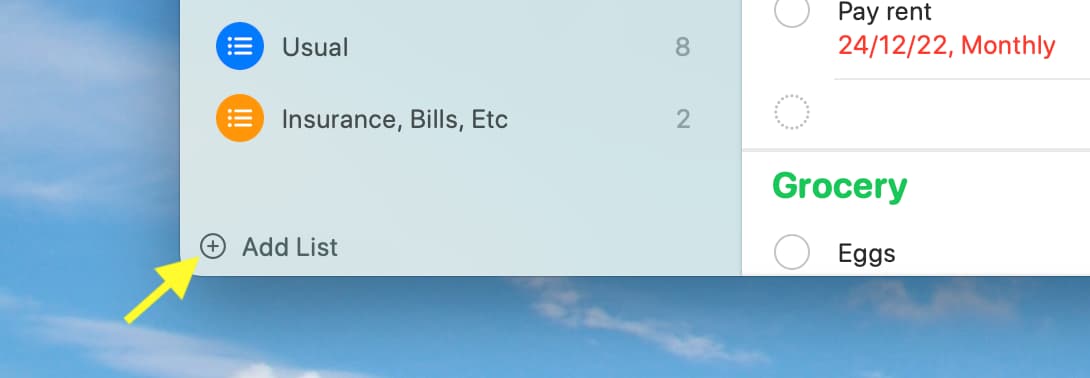 Add List in Reminders app on Mac