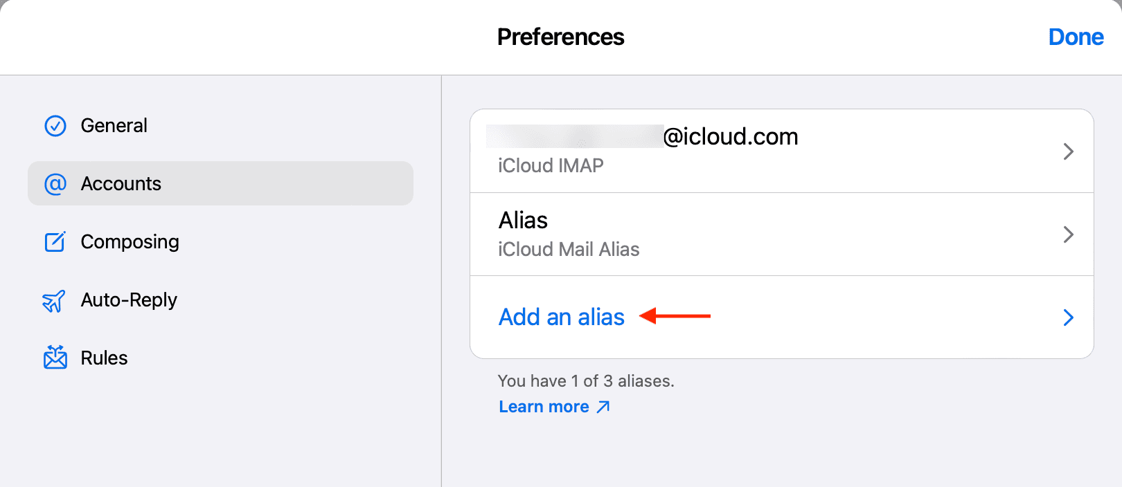 Add an alias in iCloud on web