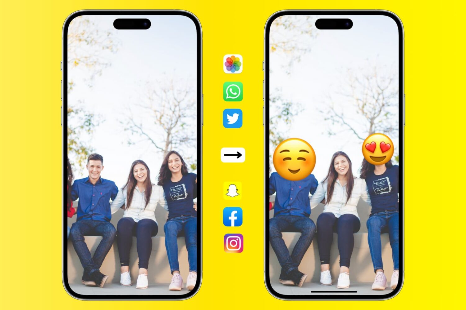 iPhone mockups showing emojis over faces of two people in a group photo