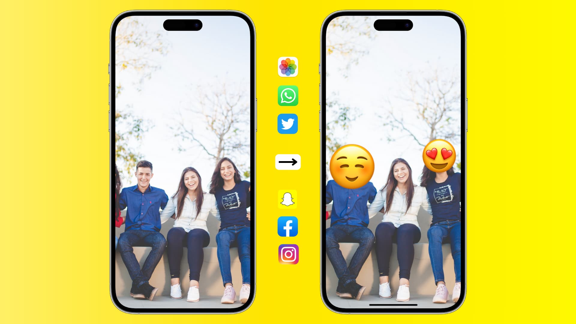 iPhone mockups showing emojis over faces of two people in a group photo