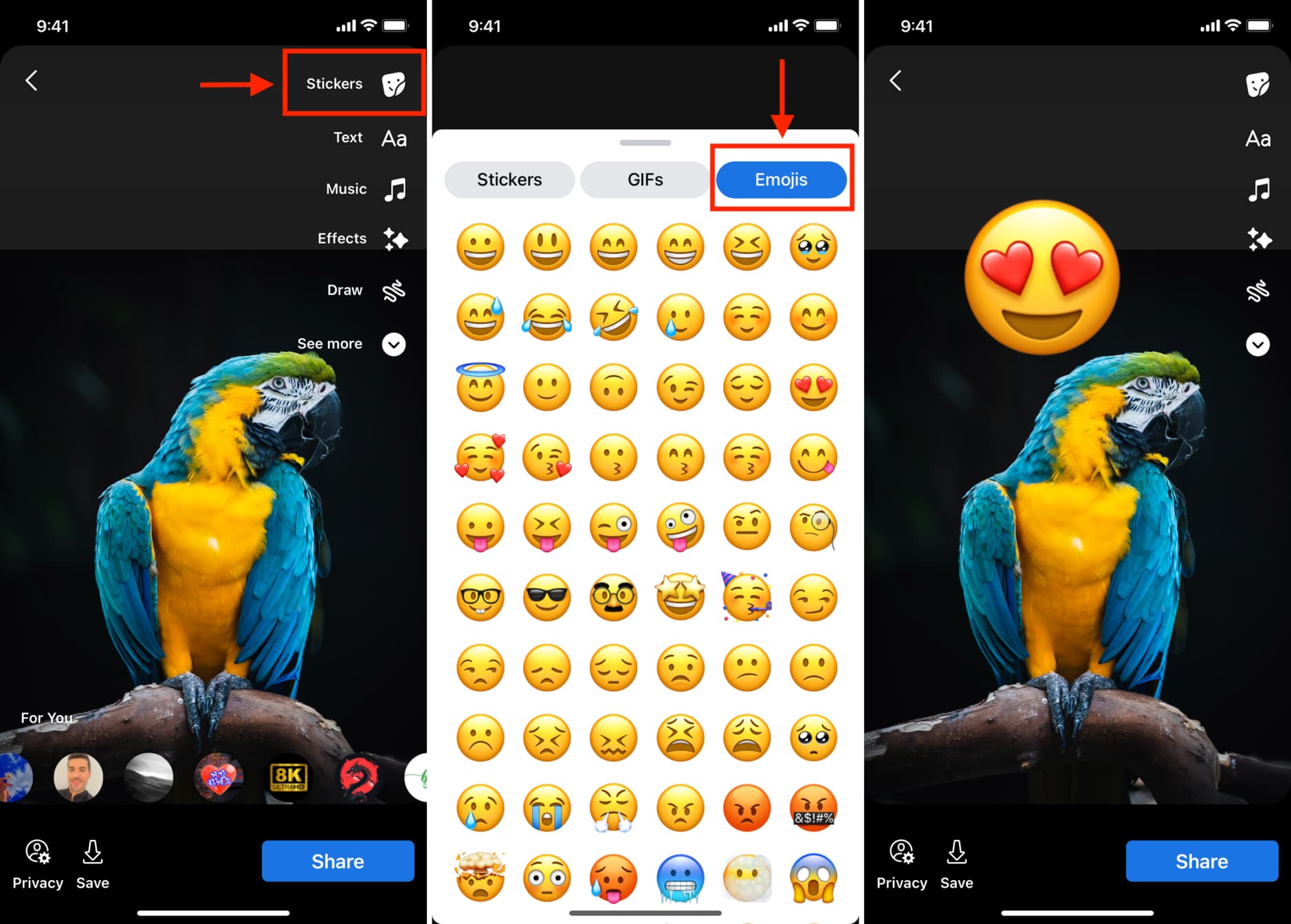 Add emojis to Facebook Story before posting