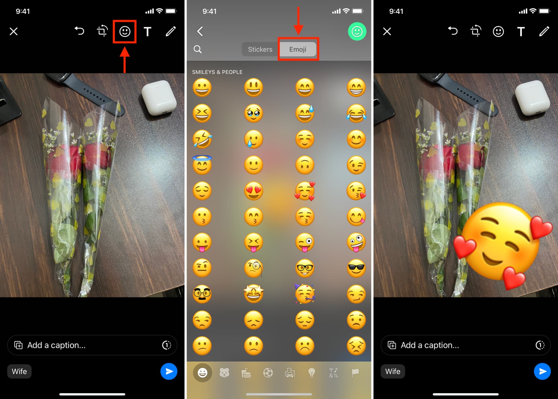 Add emojis to image in WhatsApp before sending