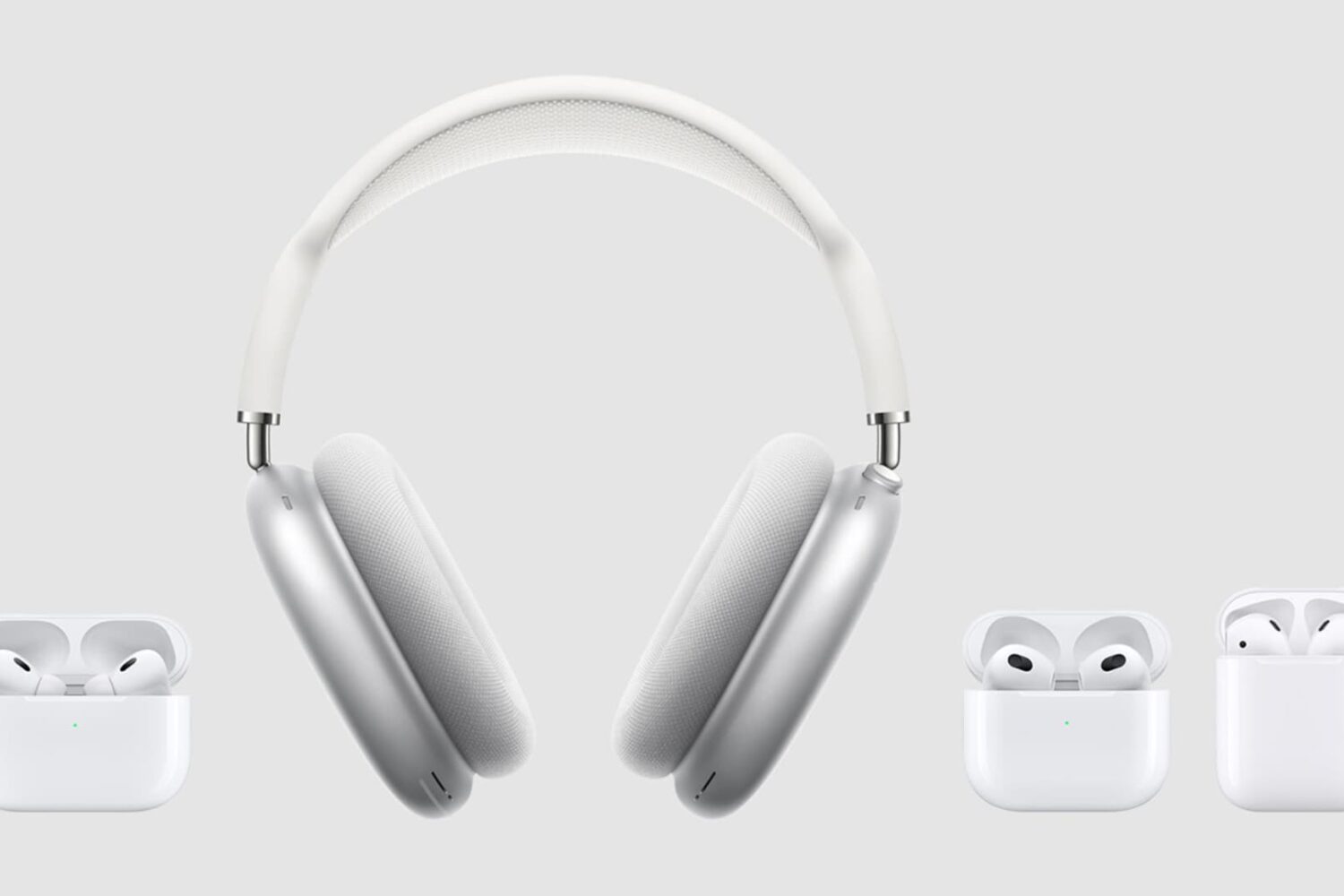 AirPods, AirPods 3rd generation, AirPods Pro, and AirPods Max on a gray background