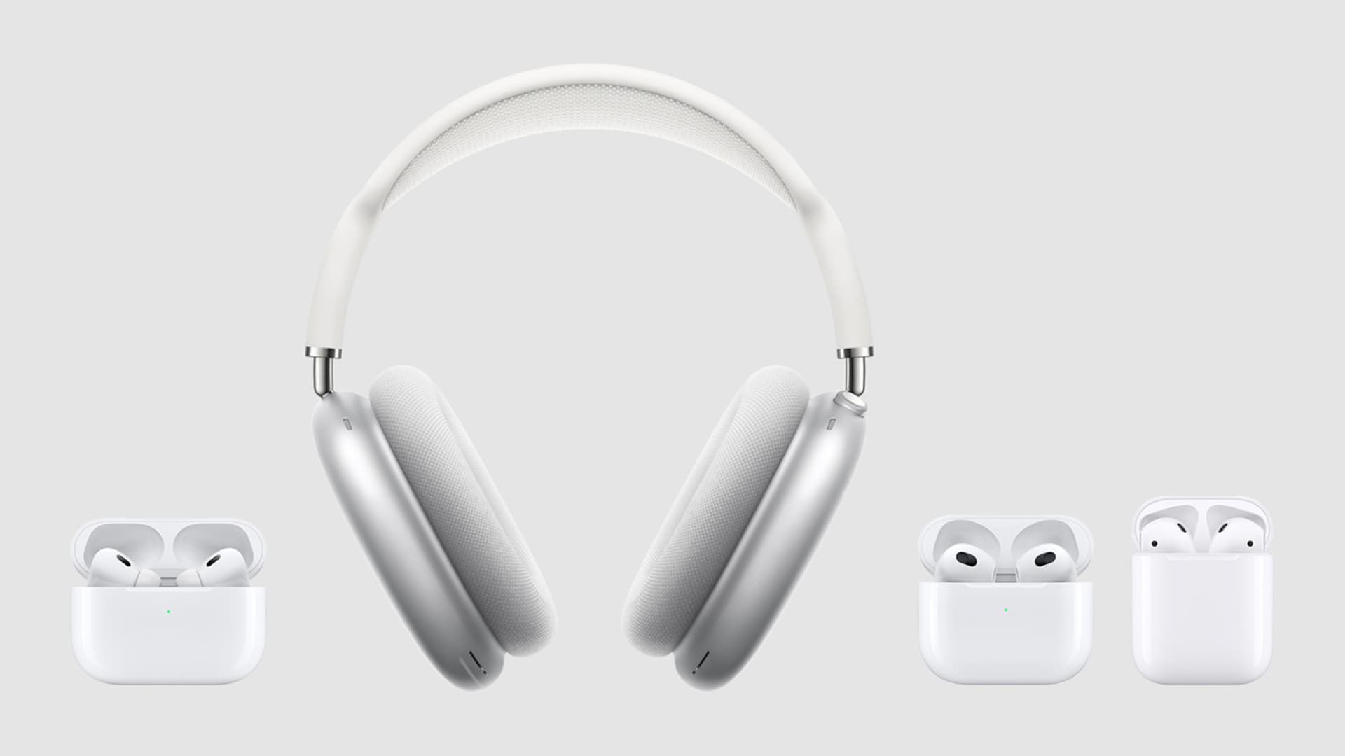 AirPods, AirPods 3rd generation, AirPods Pro, and AirPods Max on a gray background