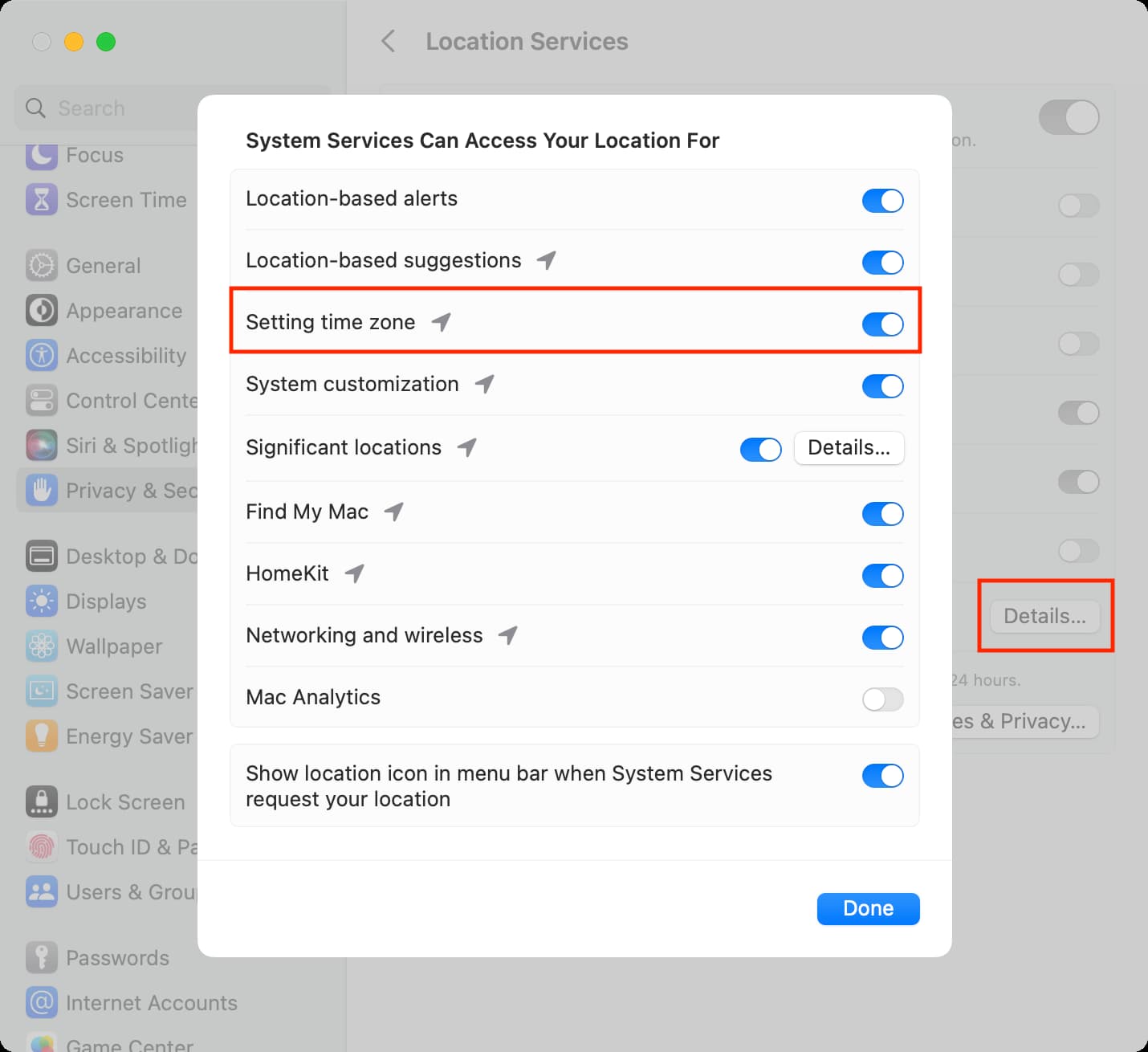 Allow location access for Setting time zone on Mac
