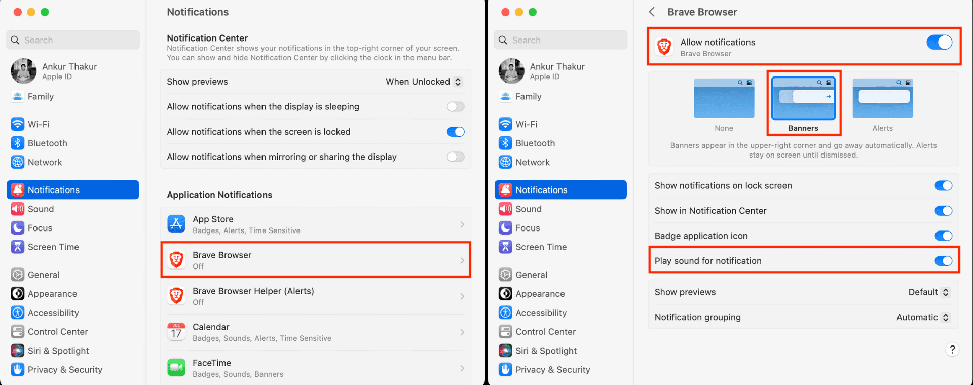 Allow notifications for an app in Mac System Settings