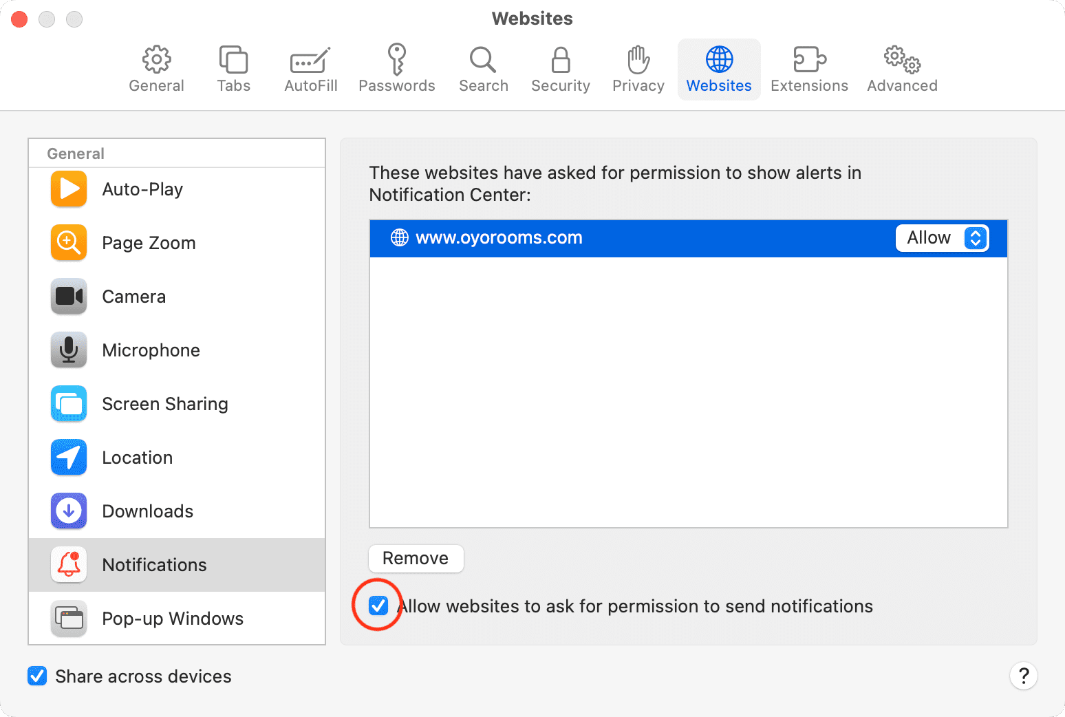 Allow websites to ask for permission to send notifications in Safari on Mac