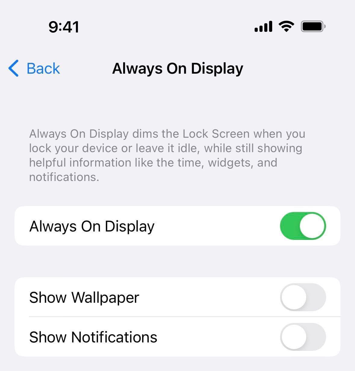 Always On Display settings on iPhone 14 Pro