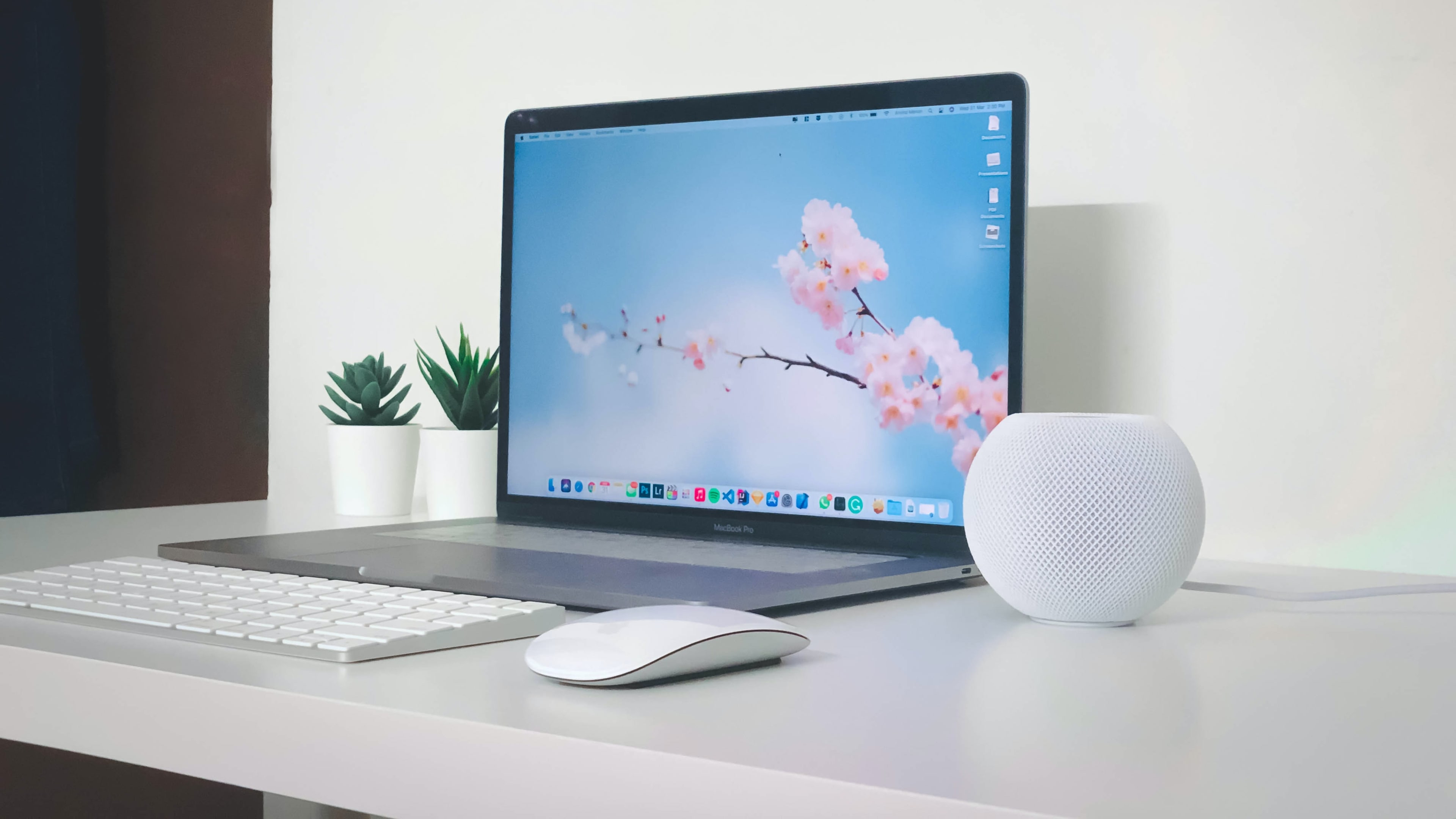 HomePod mini on a work desk next to MacBook Pro and Apple keyboard and mouse