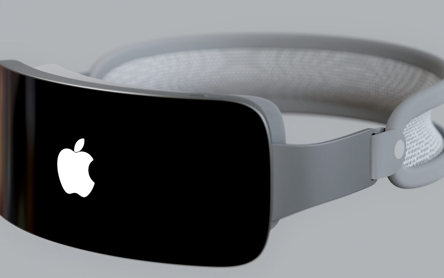 Rendering showing an Apple headset with the Apple logo on the external display