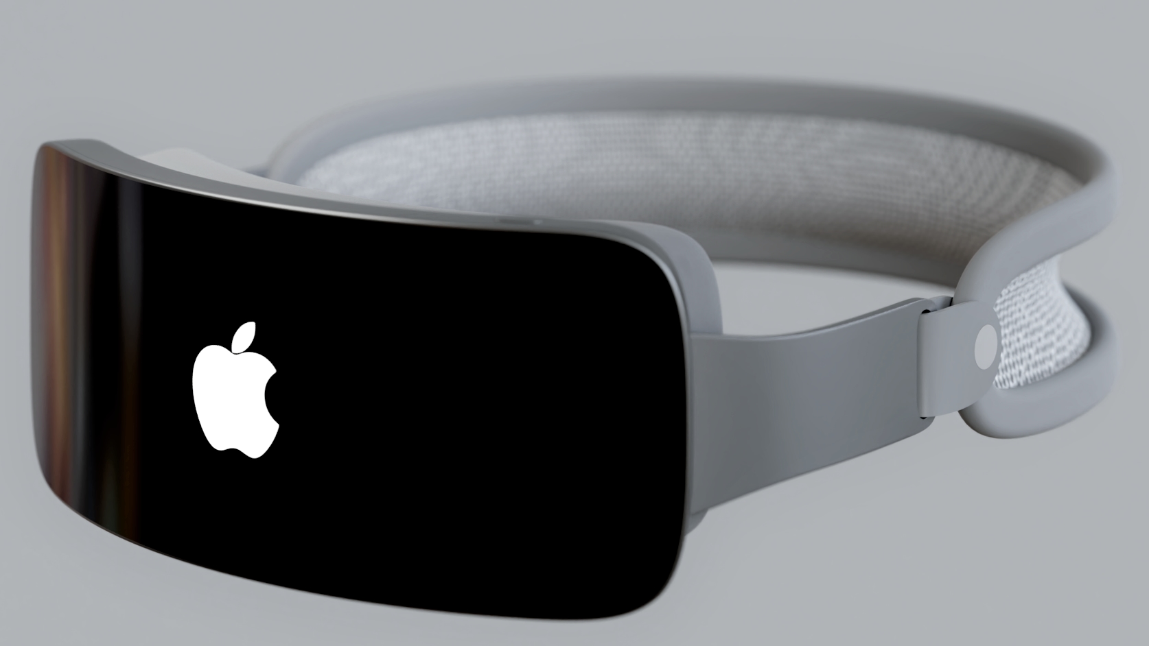 Rendering showing an Apple headset with the Apple logo on the external display