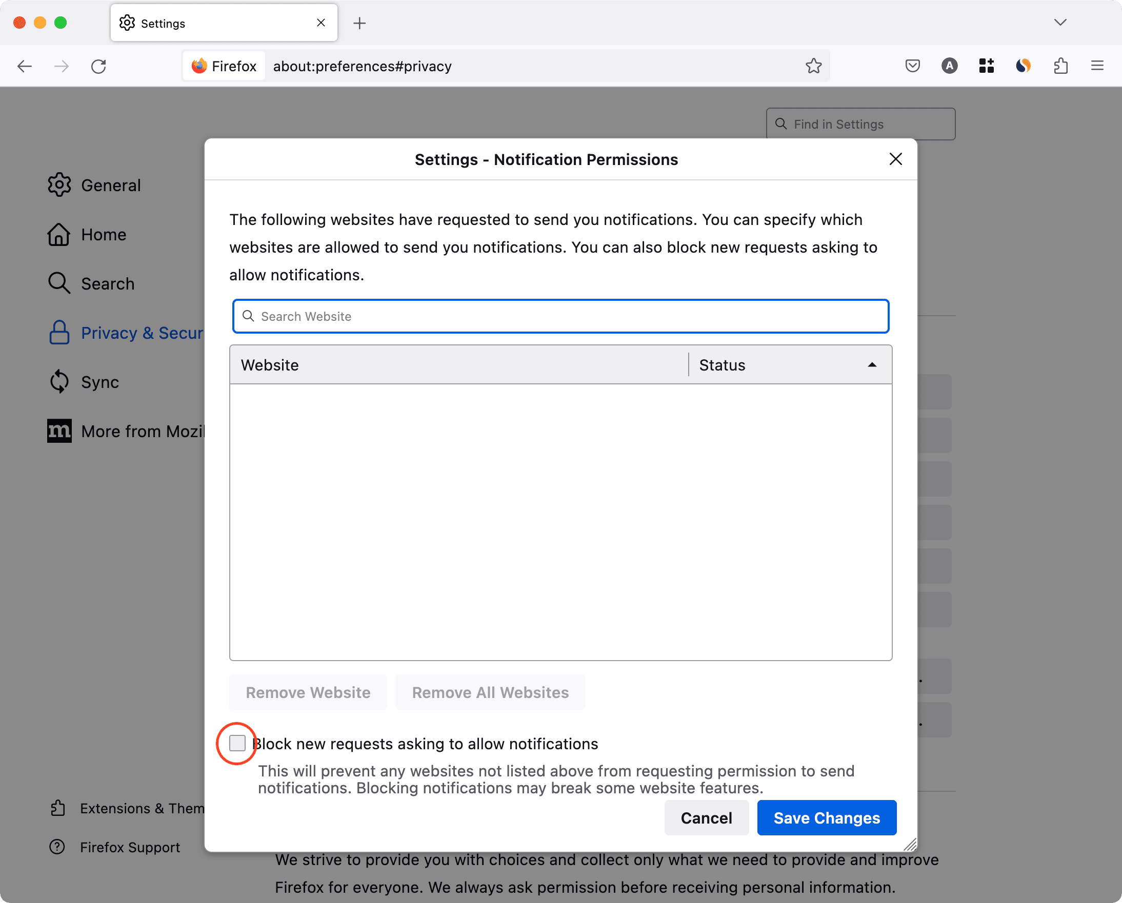 Block new requests asking to allow notifications in Firefox