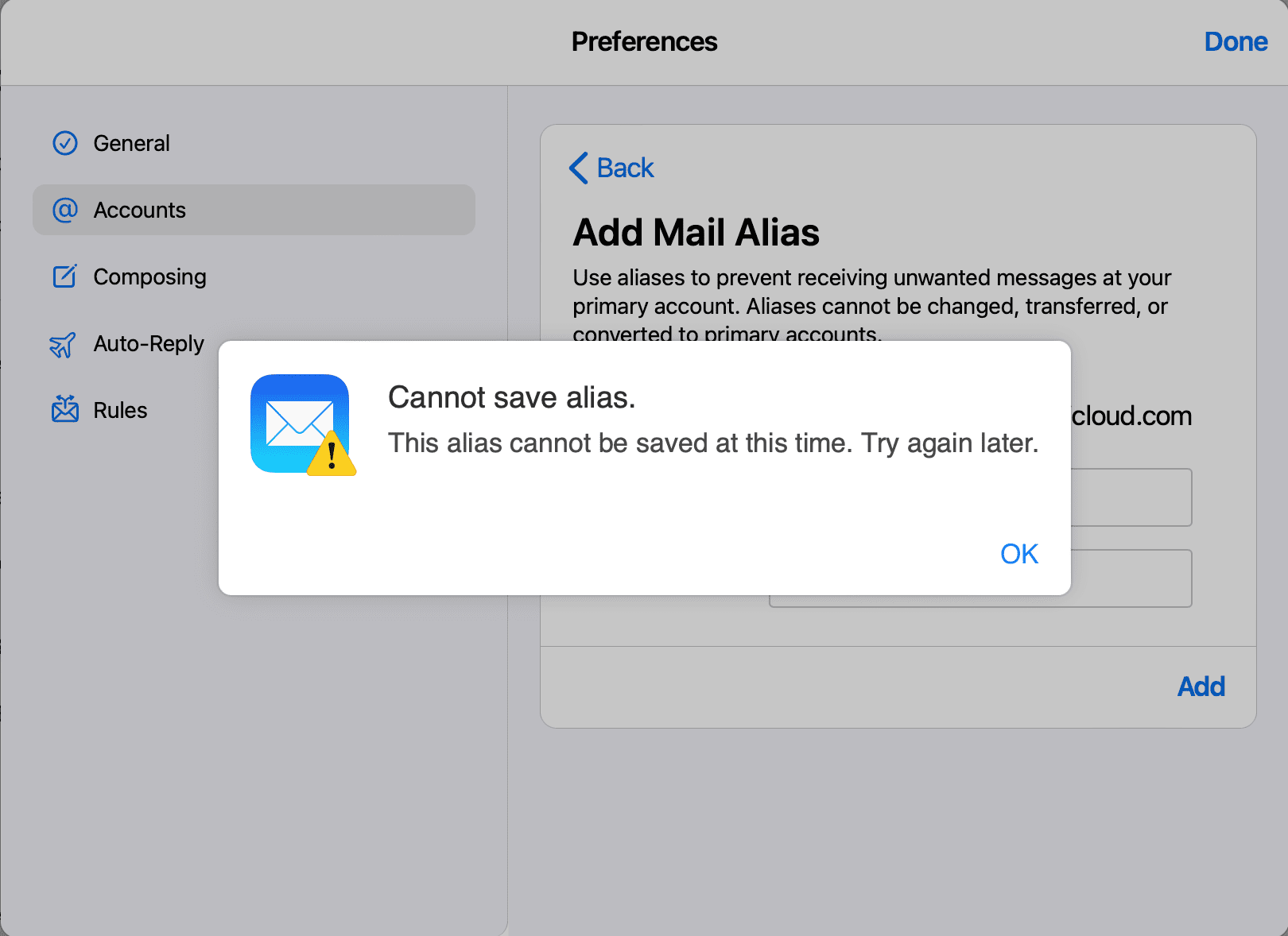 Cannot save alias error in iCloud