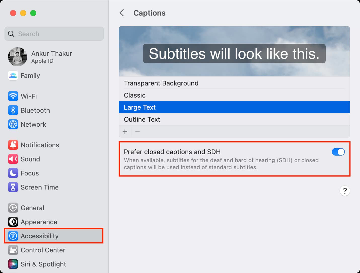 Captions in Mac System Settings