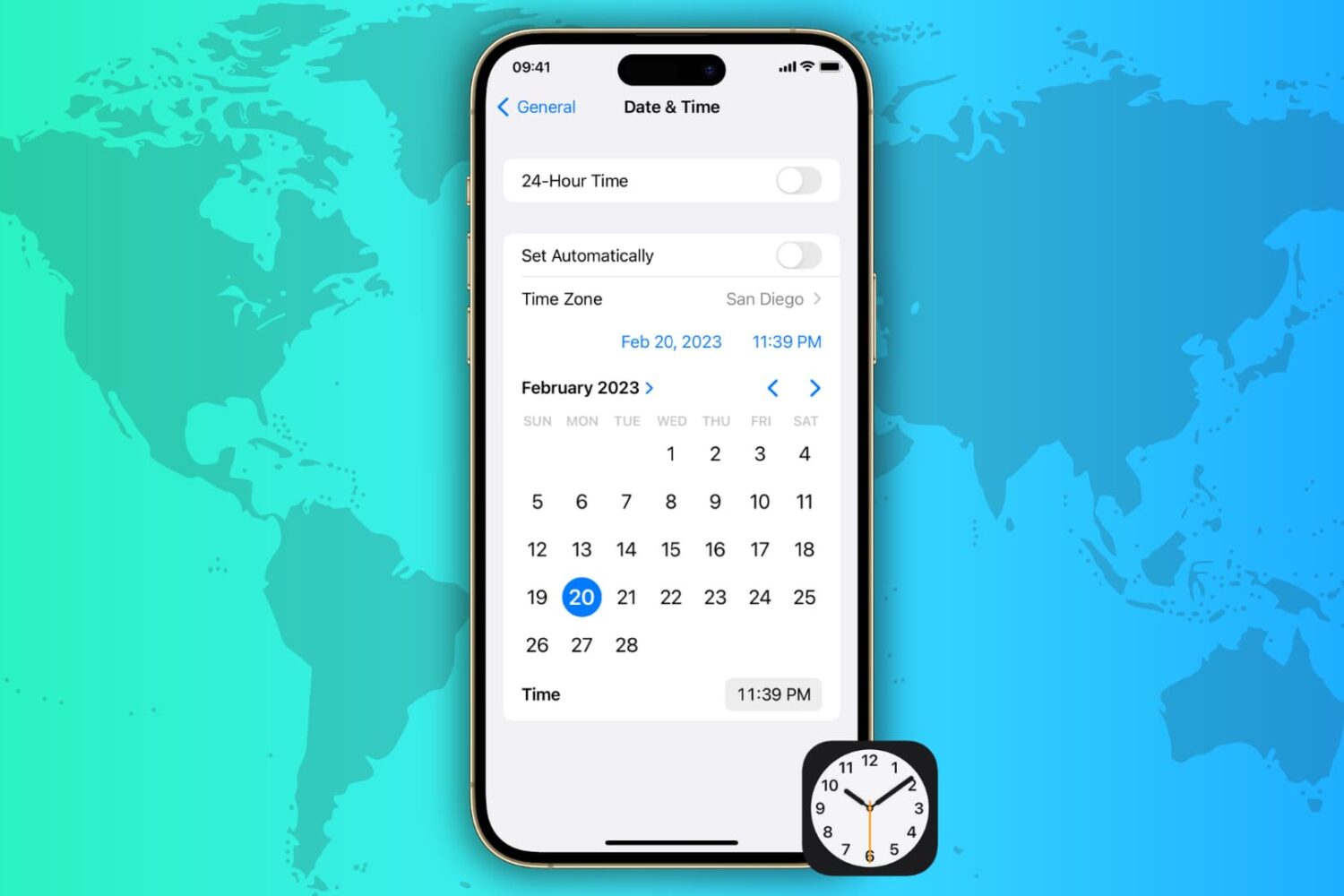 Illustration showing iPhone with date, time, and time zone settings on the screen with a world map in the background
