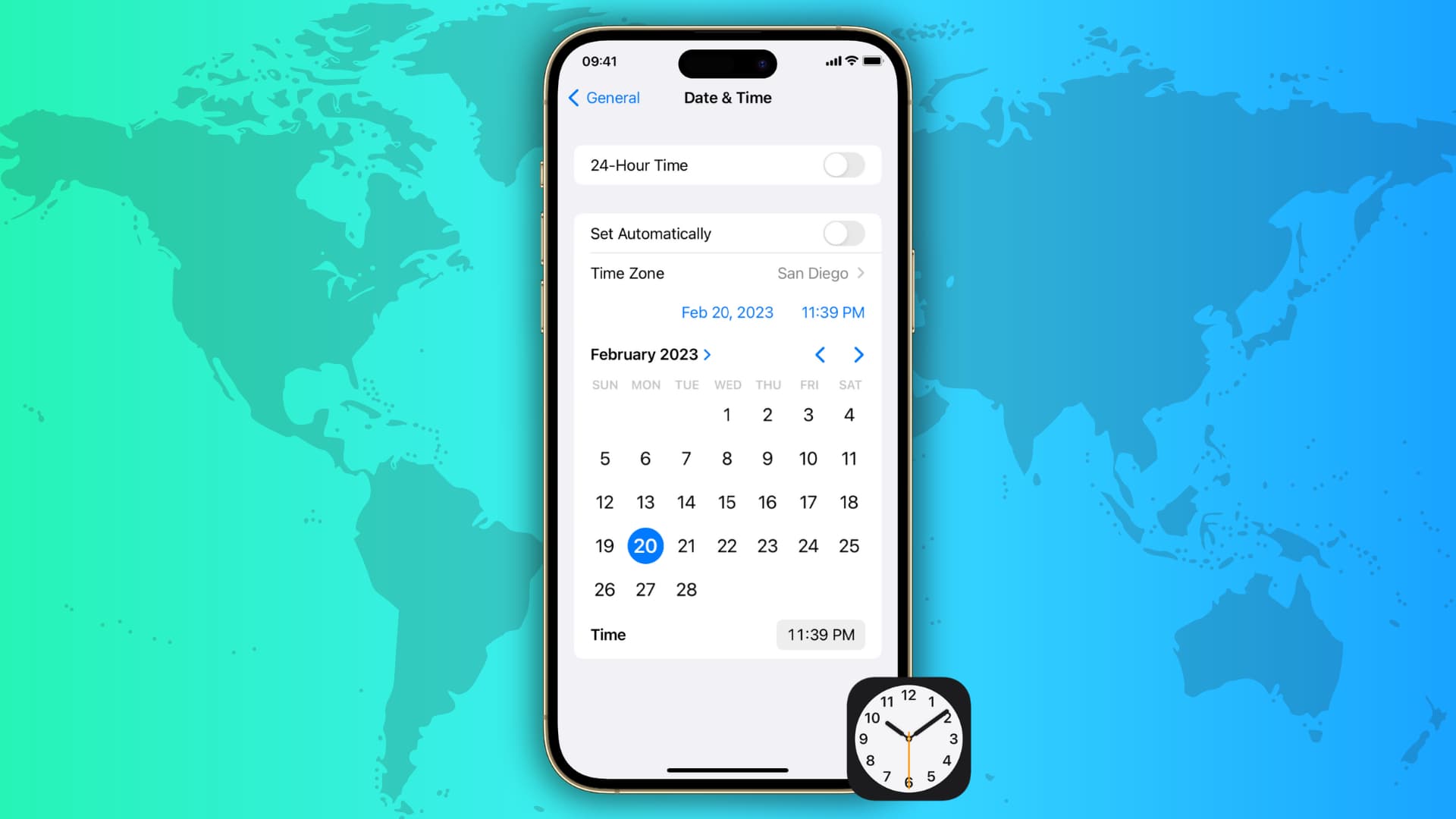 Illustration showing iPhone with date, time, and time zone settings on its screen with a world map in the background