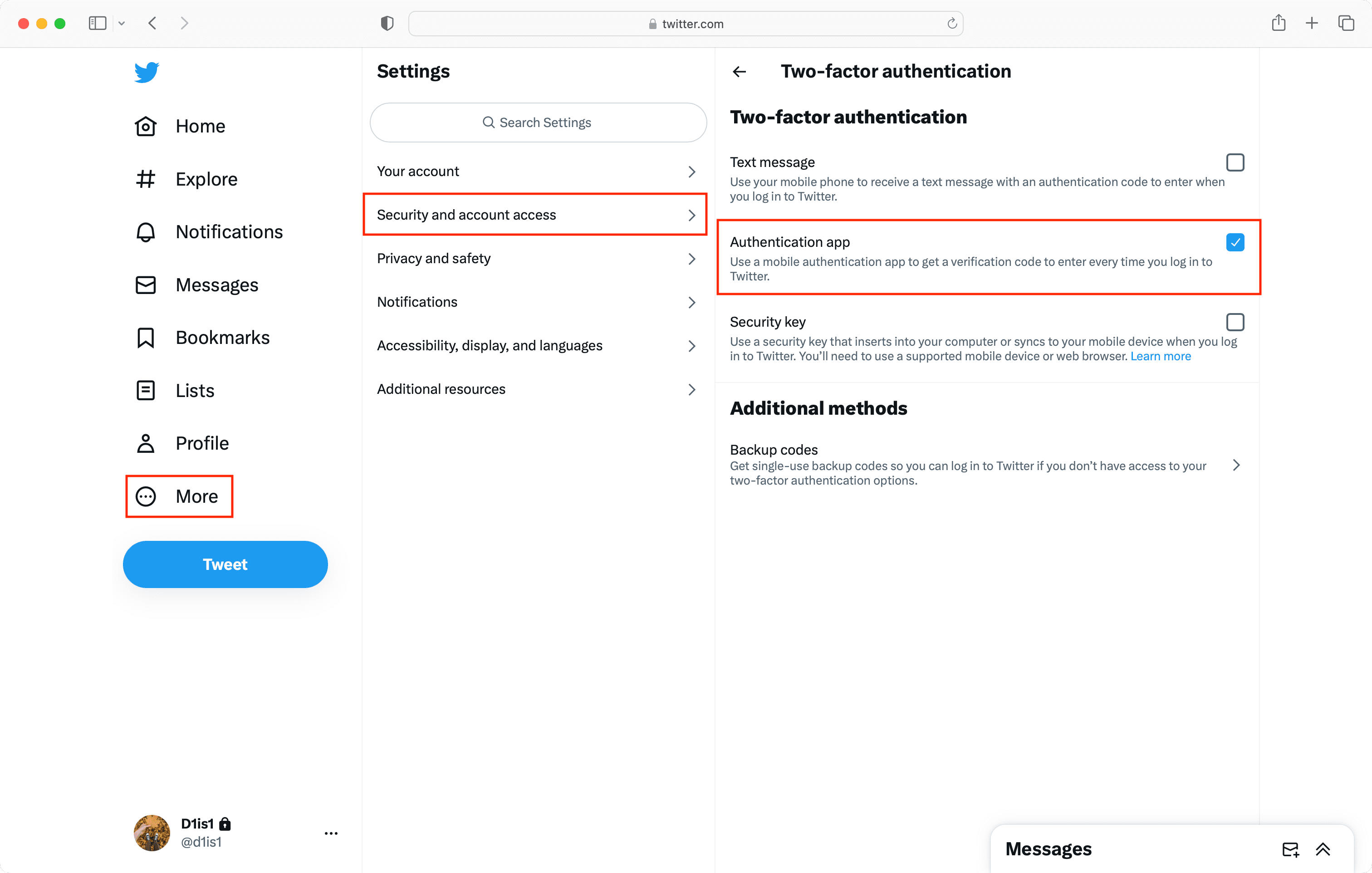 Check Authentication app from Twitter security settings
