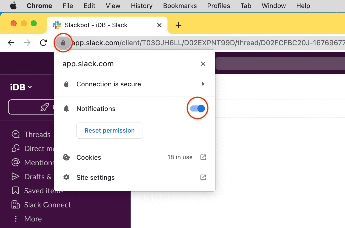 Click padlock icon in Chrome to check site notification permission