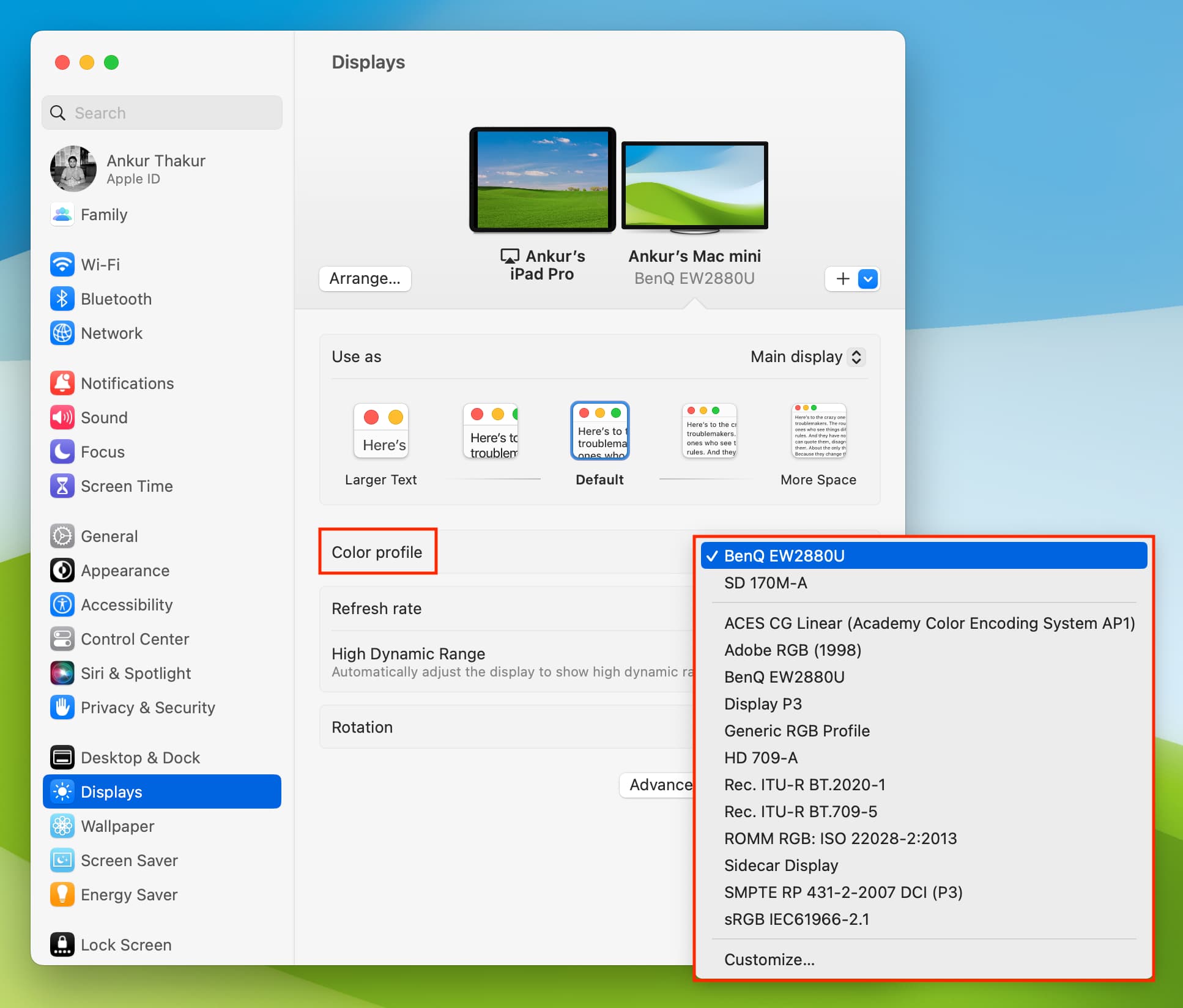Color profile setting in Mac display settings