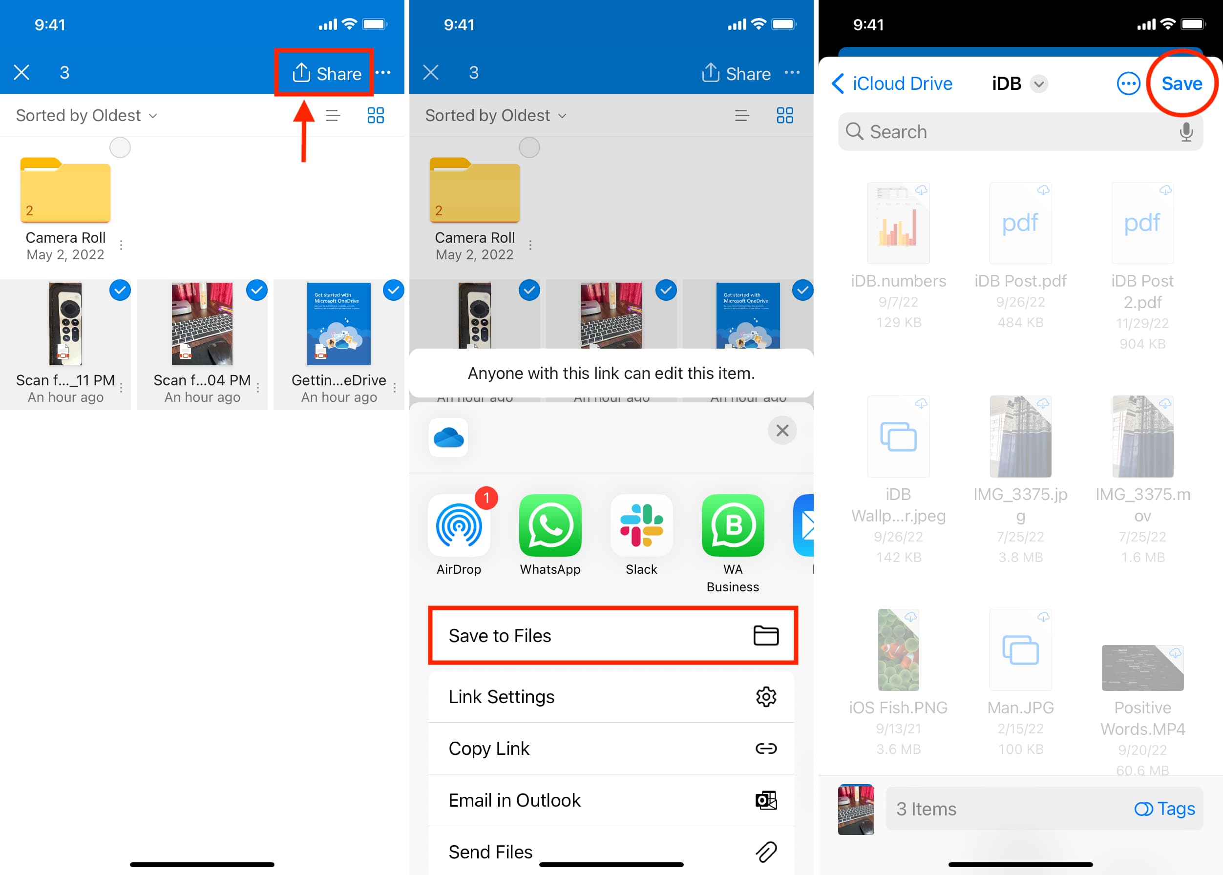 Copy file from OneDrive app to iCloud Drive on iPhone