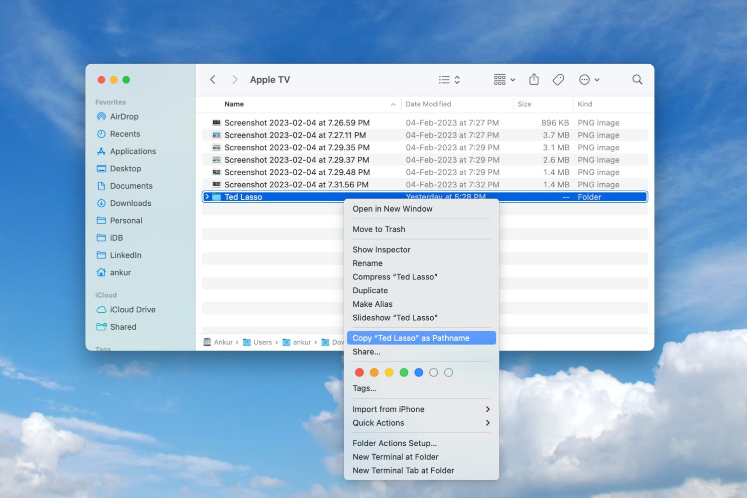 Copy pathname of folder in Finder on Mac