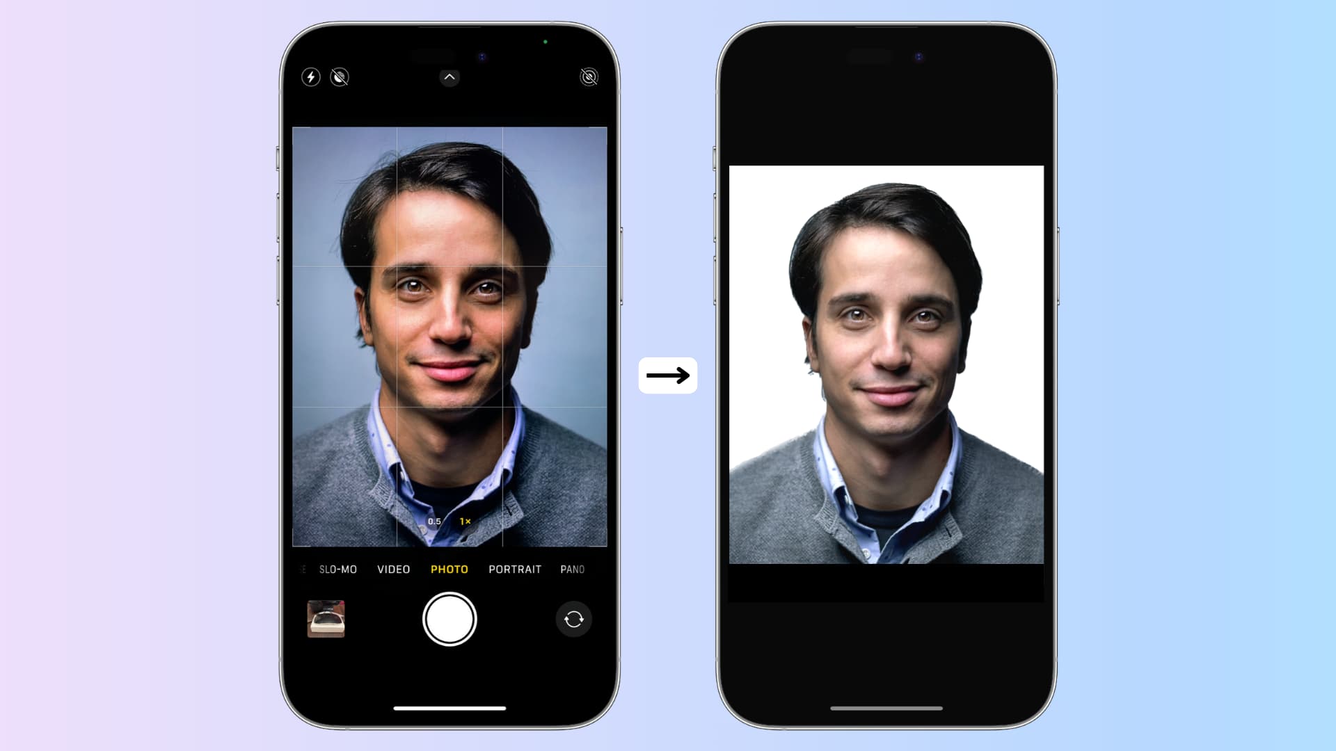 Two iPhone mockups showing passport or id card photo