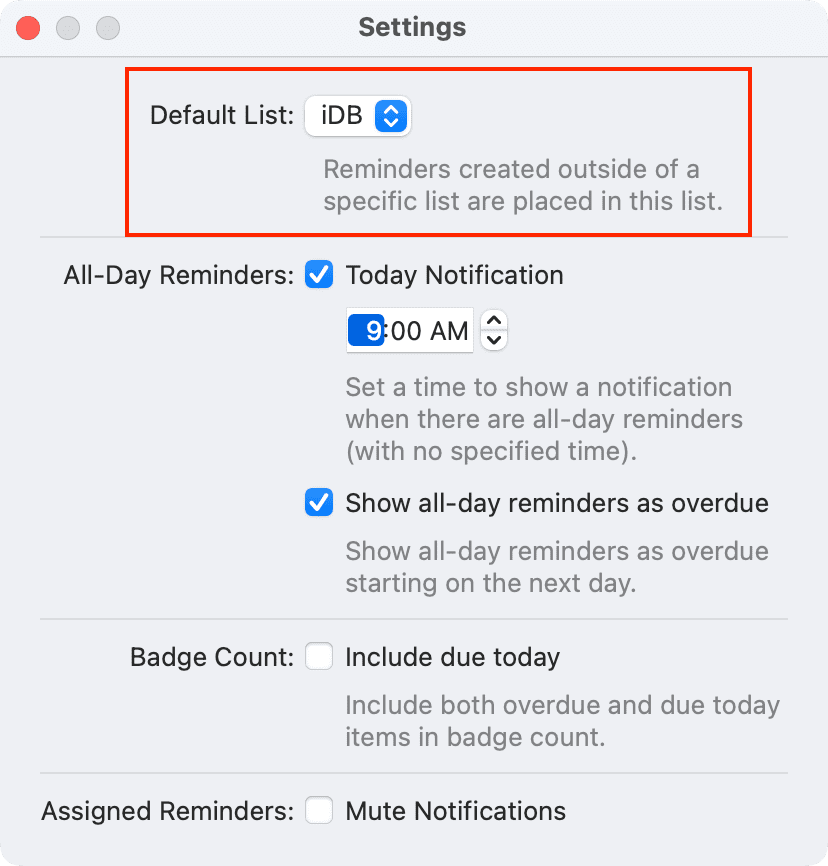 Default Reminders list on Mac