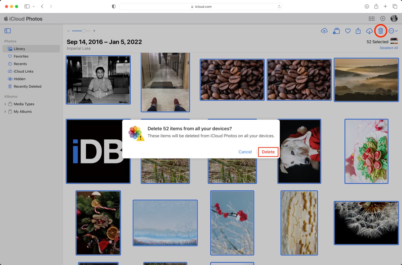 Delete several pictures from iCloud Photos using a web browser