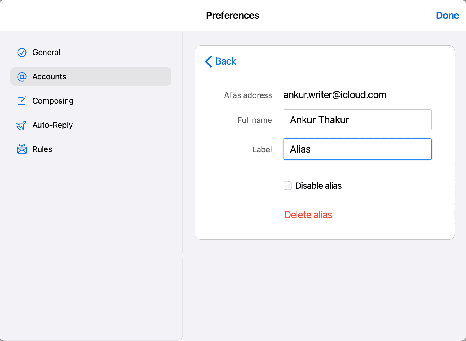 Disable or Delete iCloud email alias