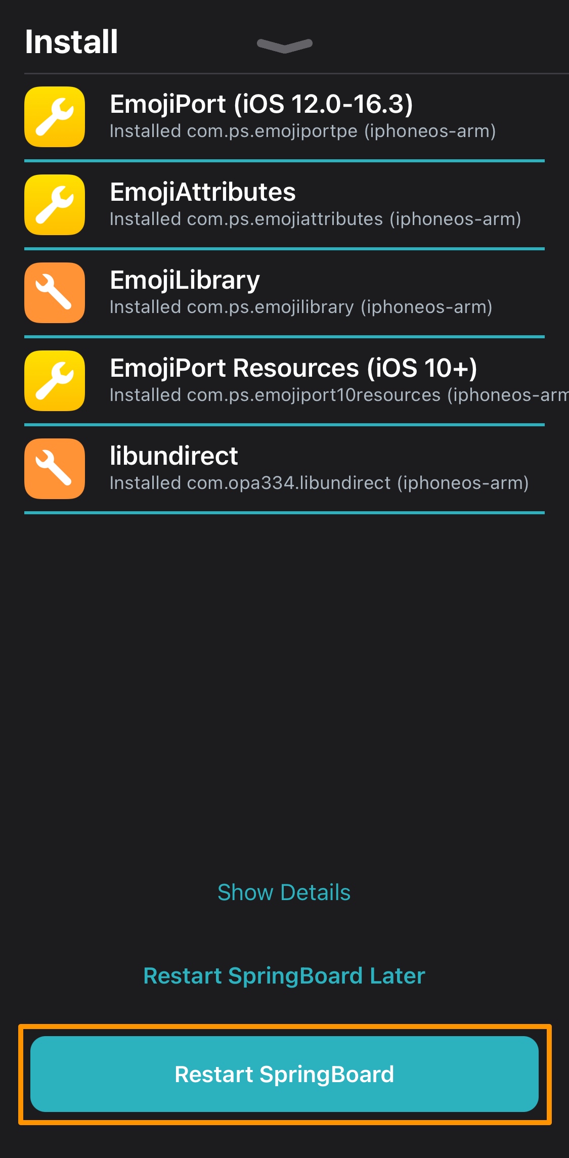 Restart SpringBoard EmojiPort Install.