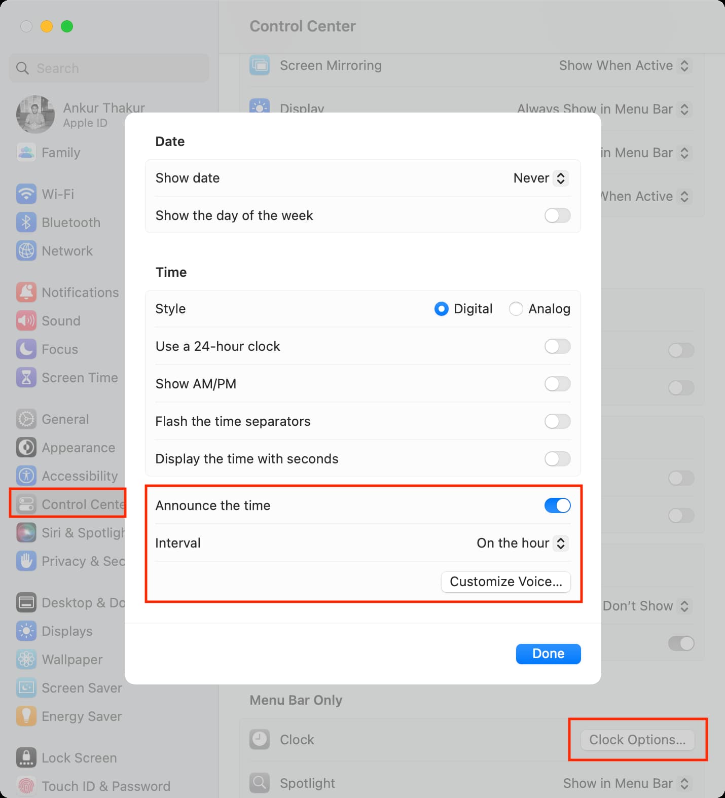 Enable the announce time option in Mac System Settings