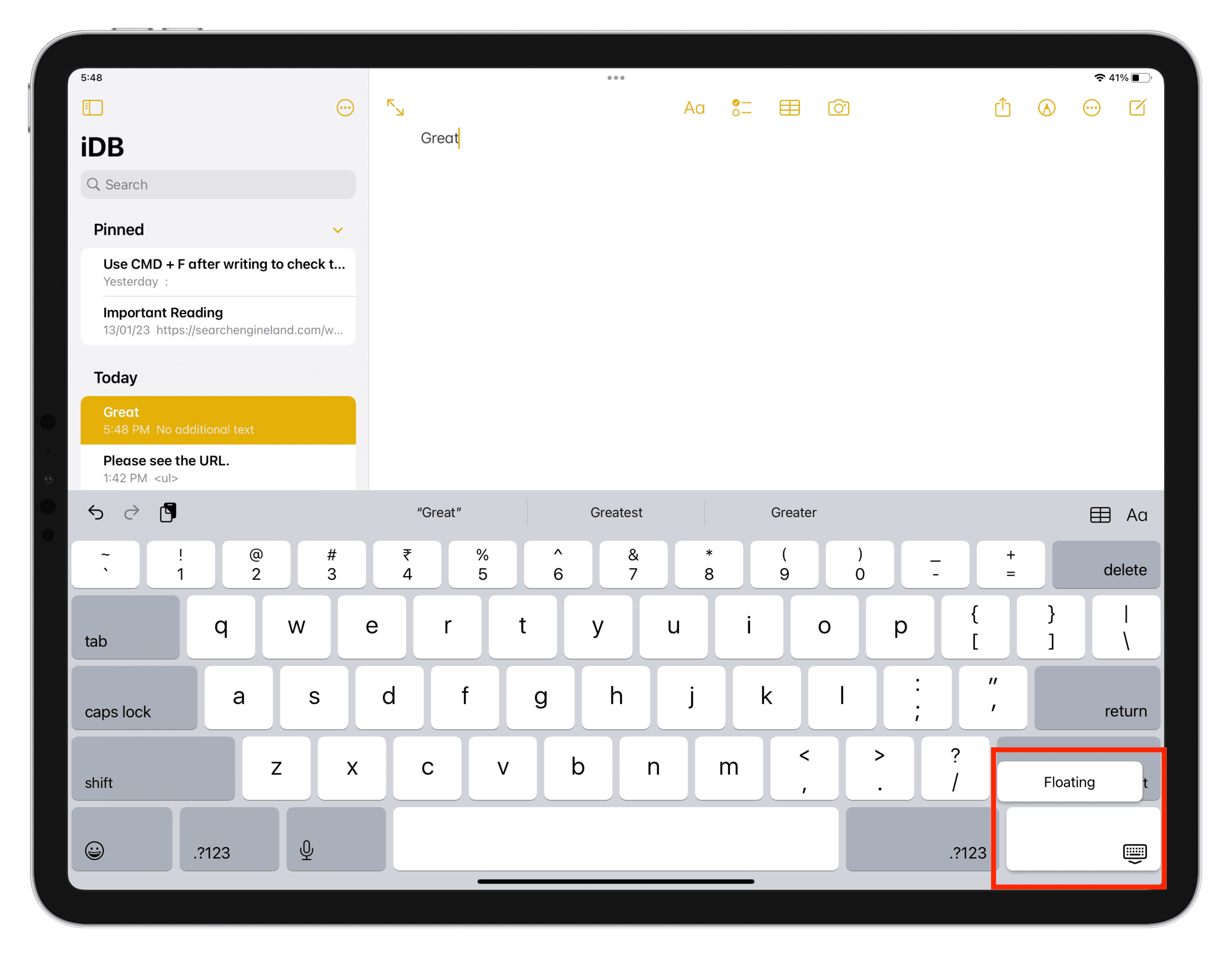Enter Floating keyboard on iPad