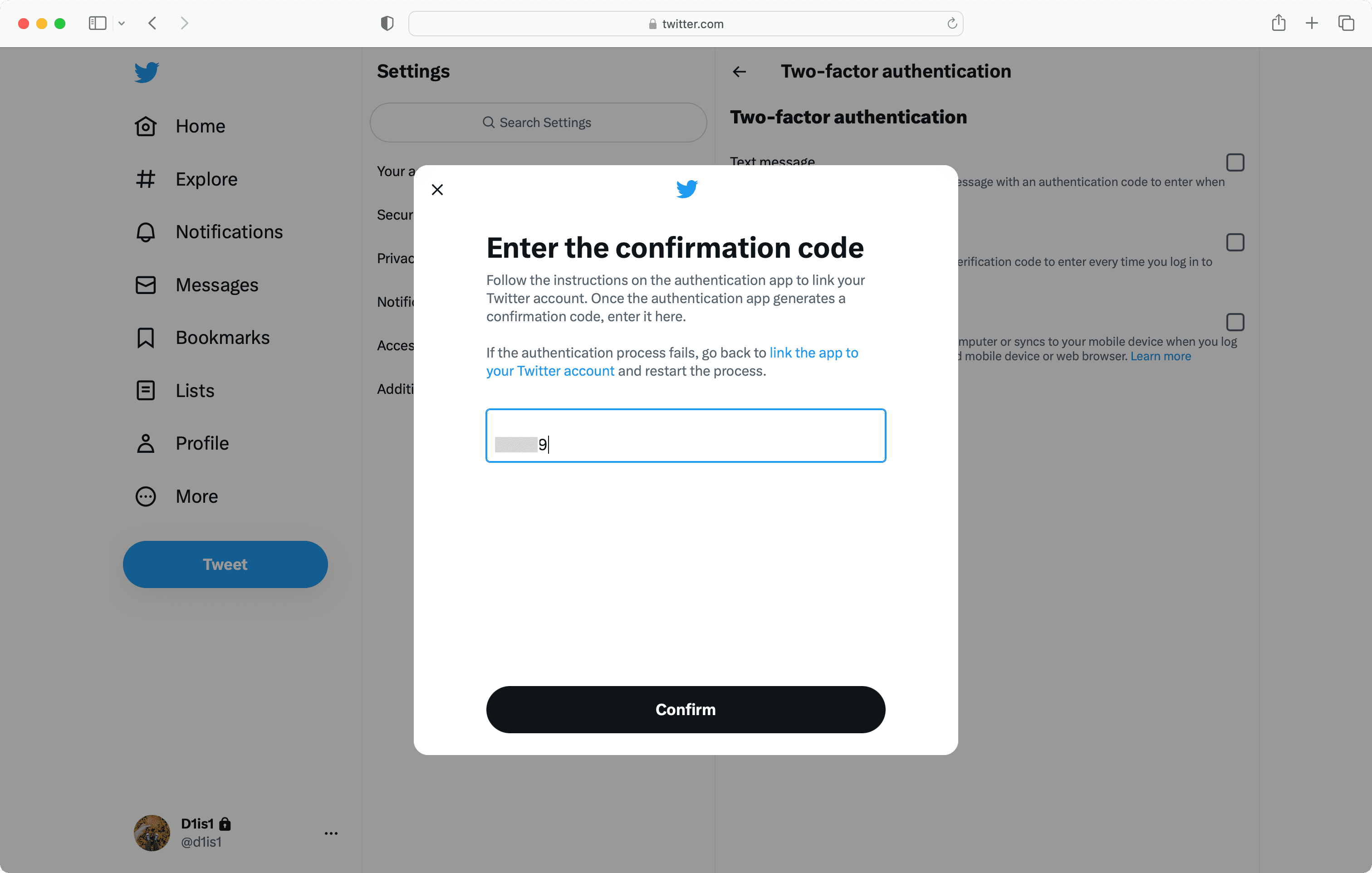 Enter confirmation code to finish Twitter two-factor authentication
