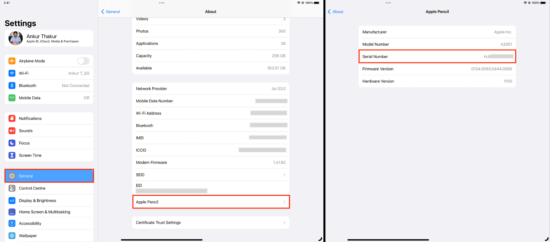 Find the Serial Number of Apple Pencil in iPad general Settings