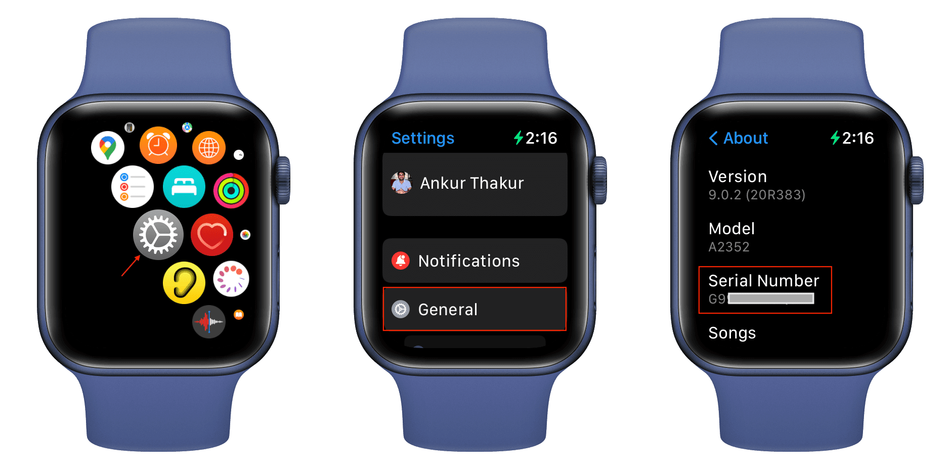 Find serial number in Apple Watch settings