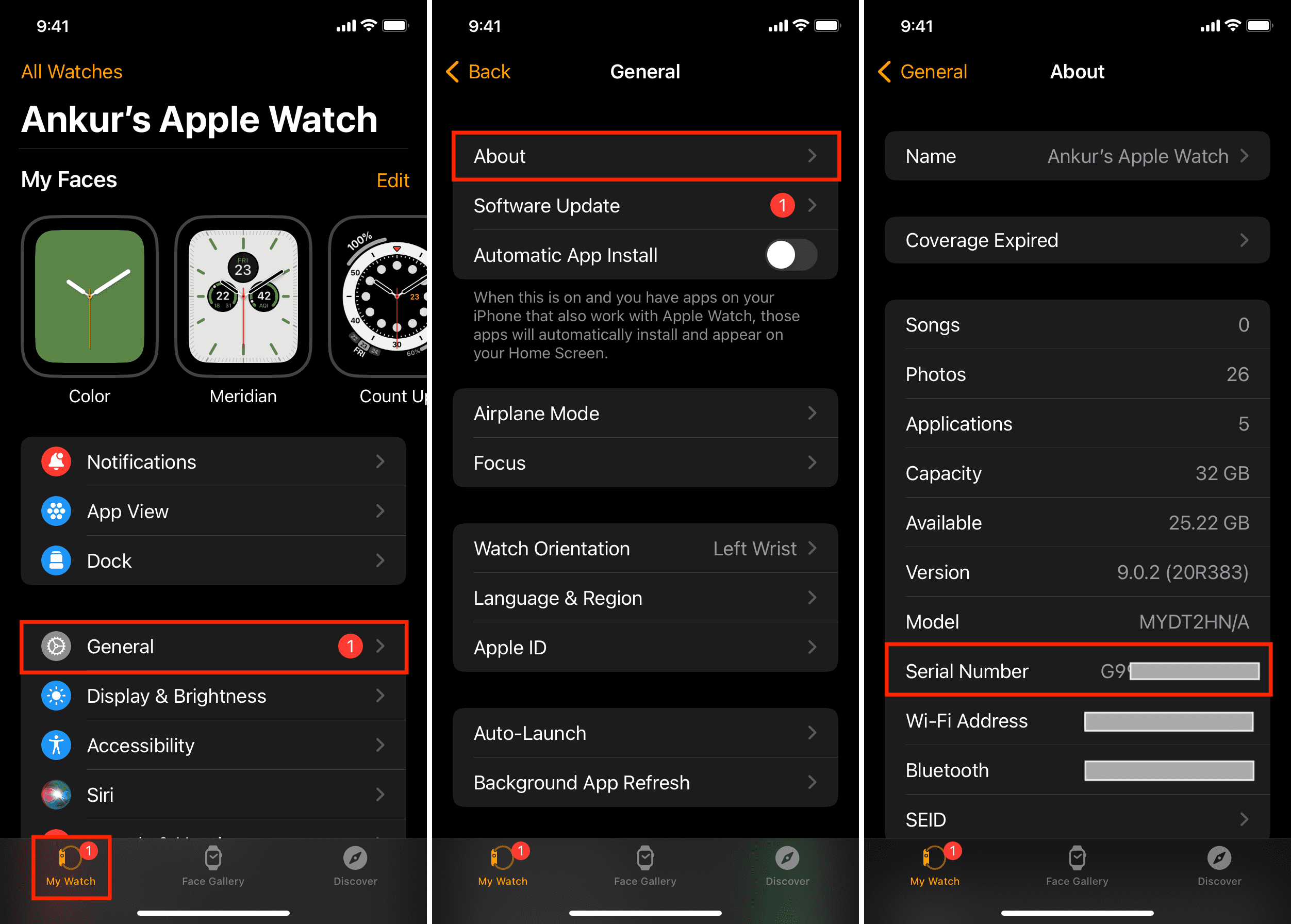 Find serial number of Apple Watch in iPhone Watch app