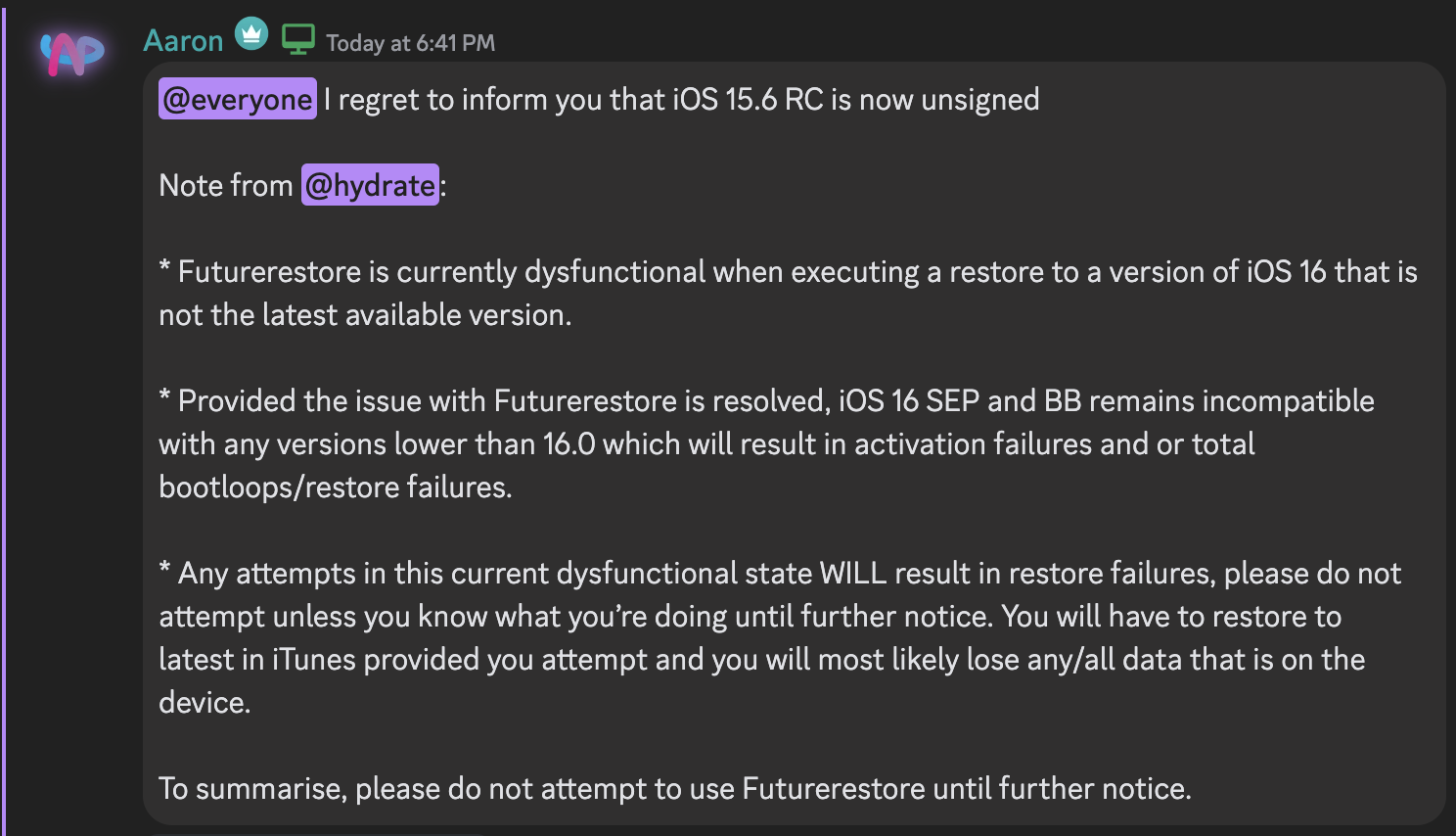 Issues with FutureRestore on iOS 16.