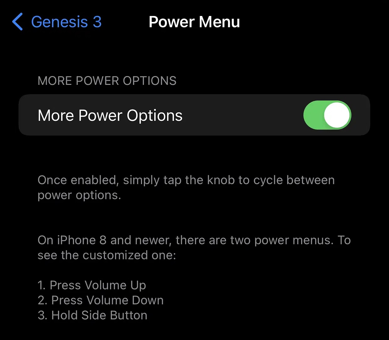 Genesis 3 Power Menu options.