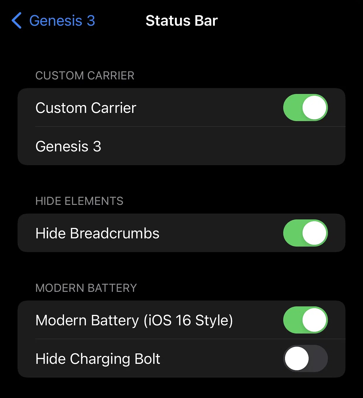 Genesis 3 Status Bar options.