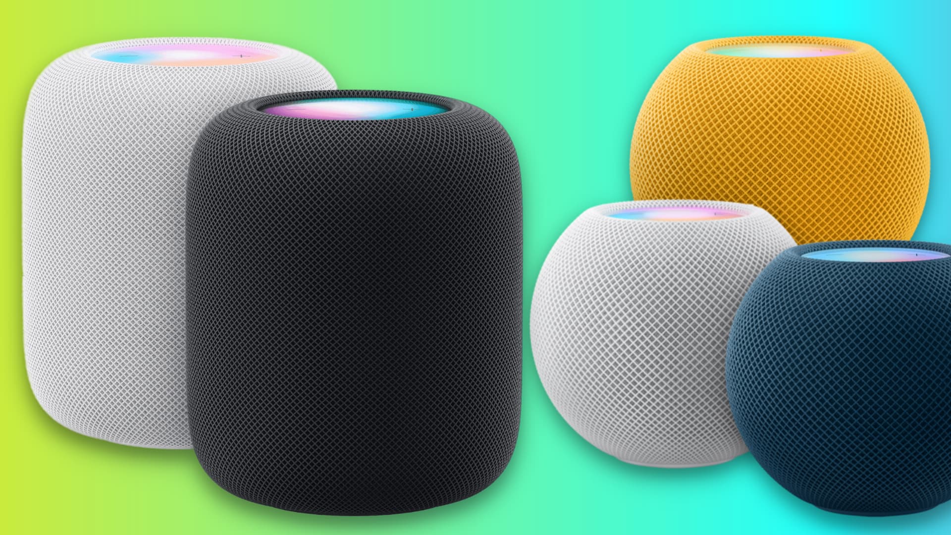 Two HomePod 2nd generation in white and black colors and three HomePod mini in white, blue, and yellow