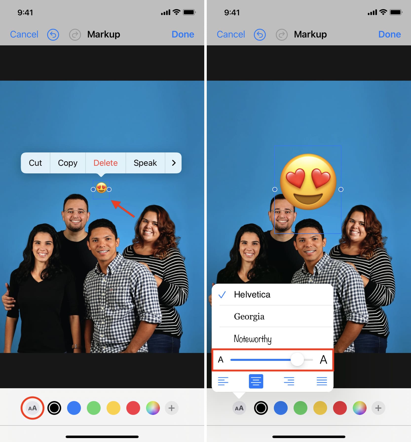 Increase size of emoji over an image in iPhone Photos app