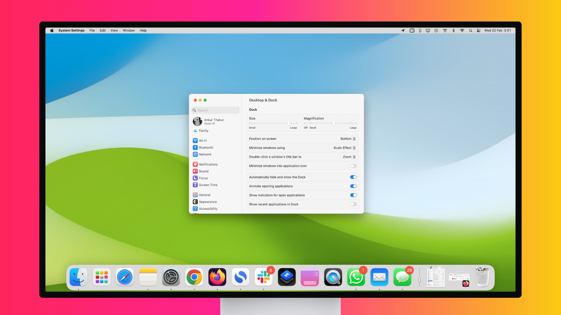 Mac Studio display showing its huge Dock and Dock settings on the screen
