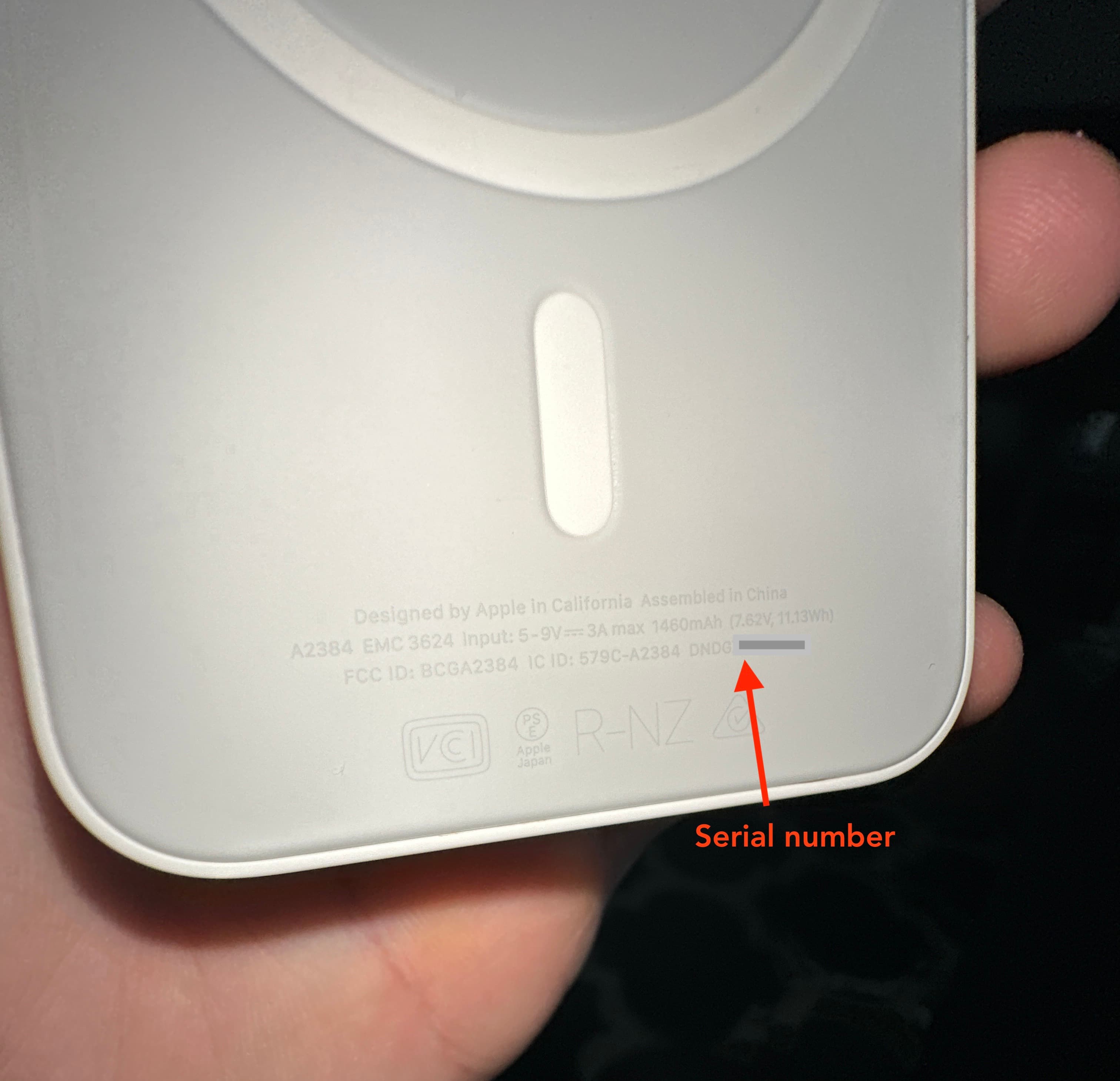 MagSafe Battery pack serial number printed on its back