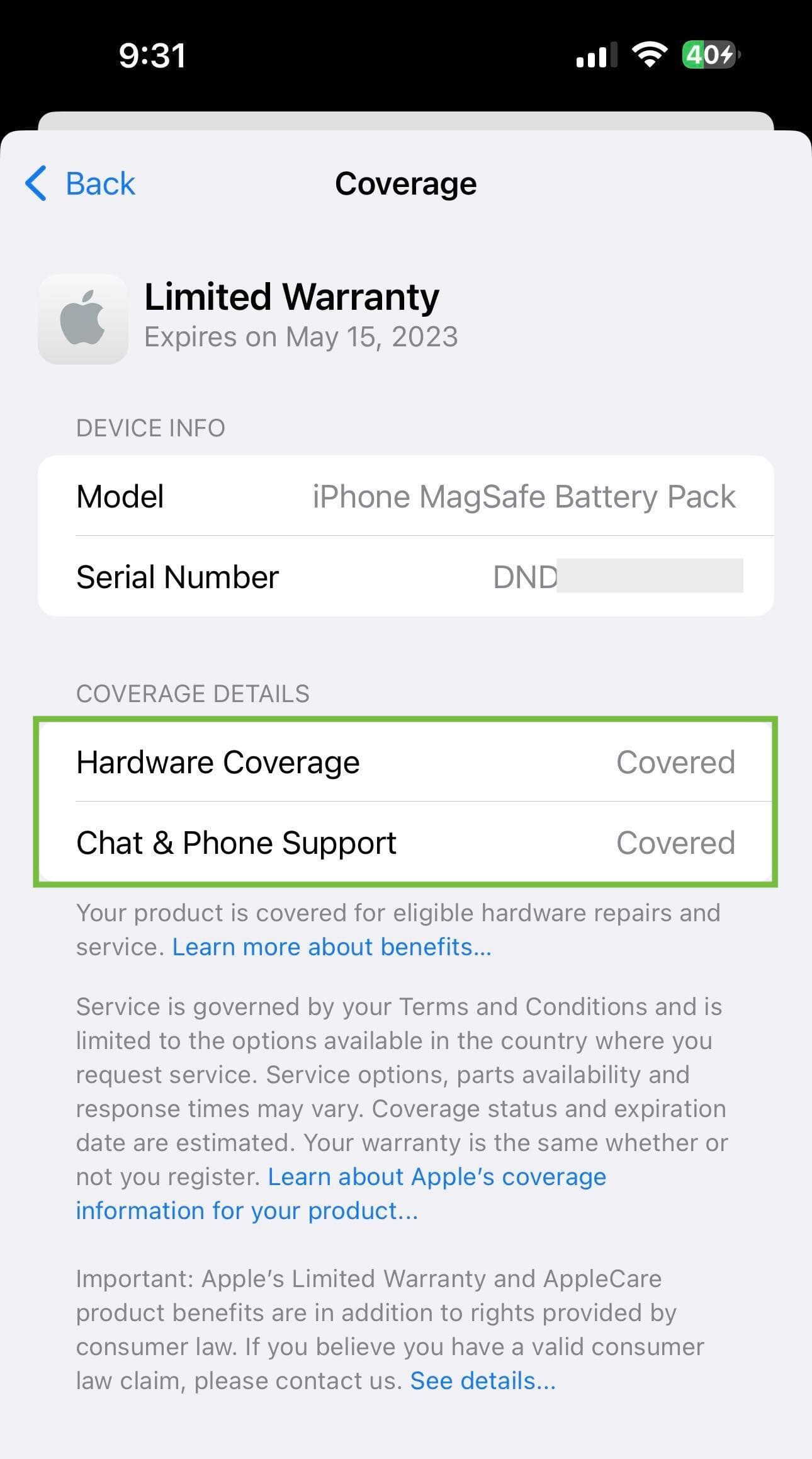 MagSafe warranty coverage in Apple Support app