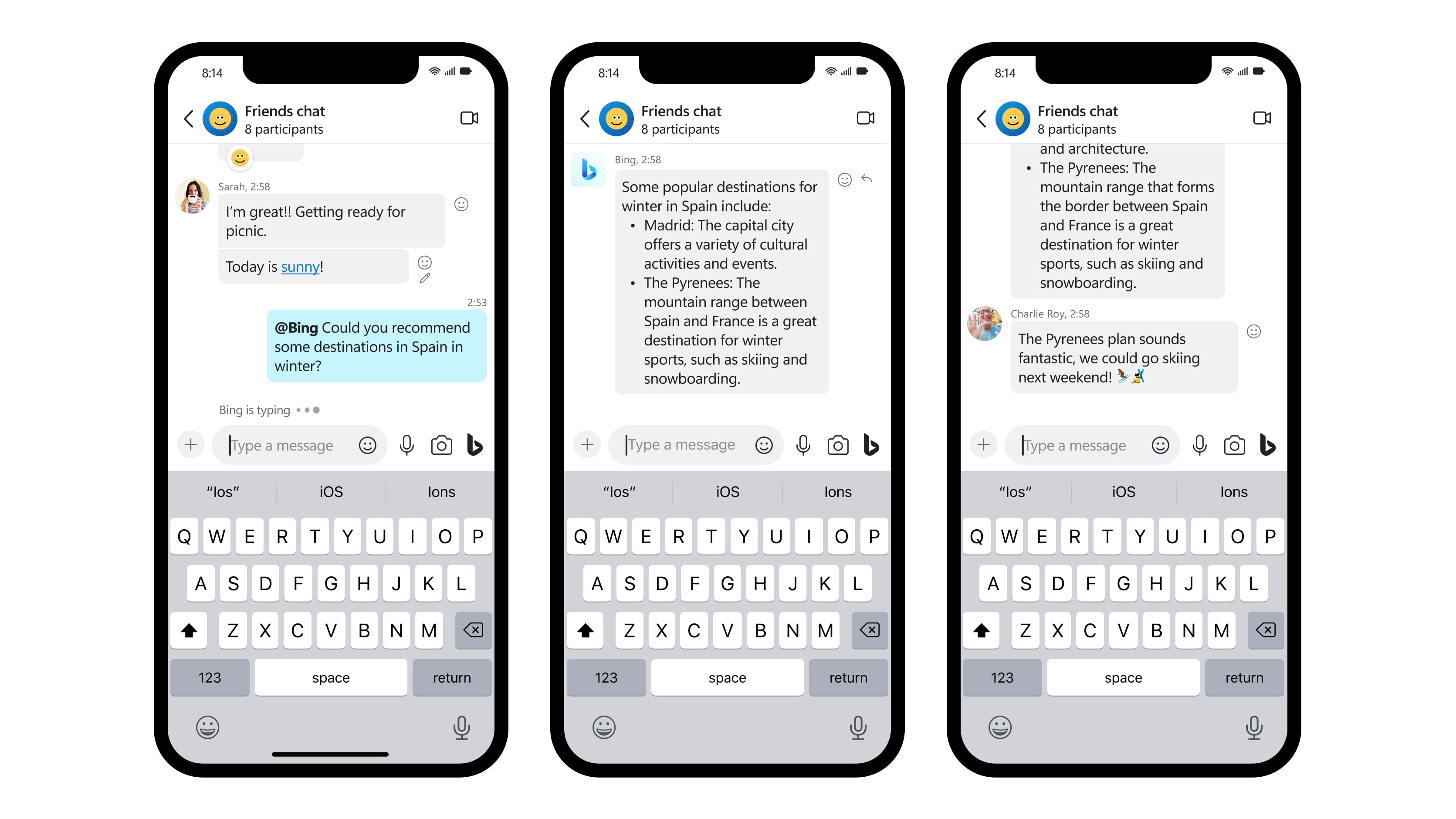 Examples of Bing AI chatbot session in Skype for iPhone 