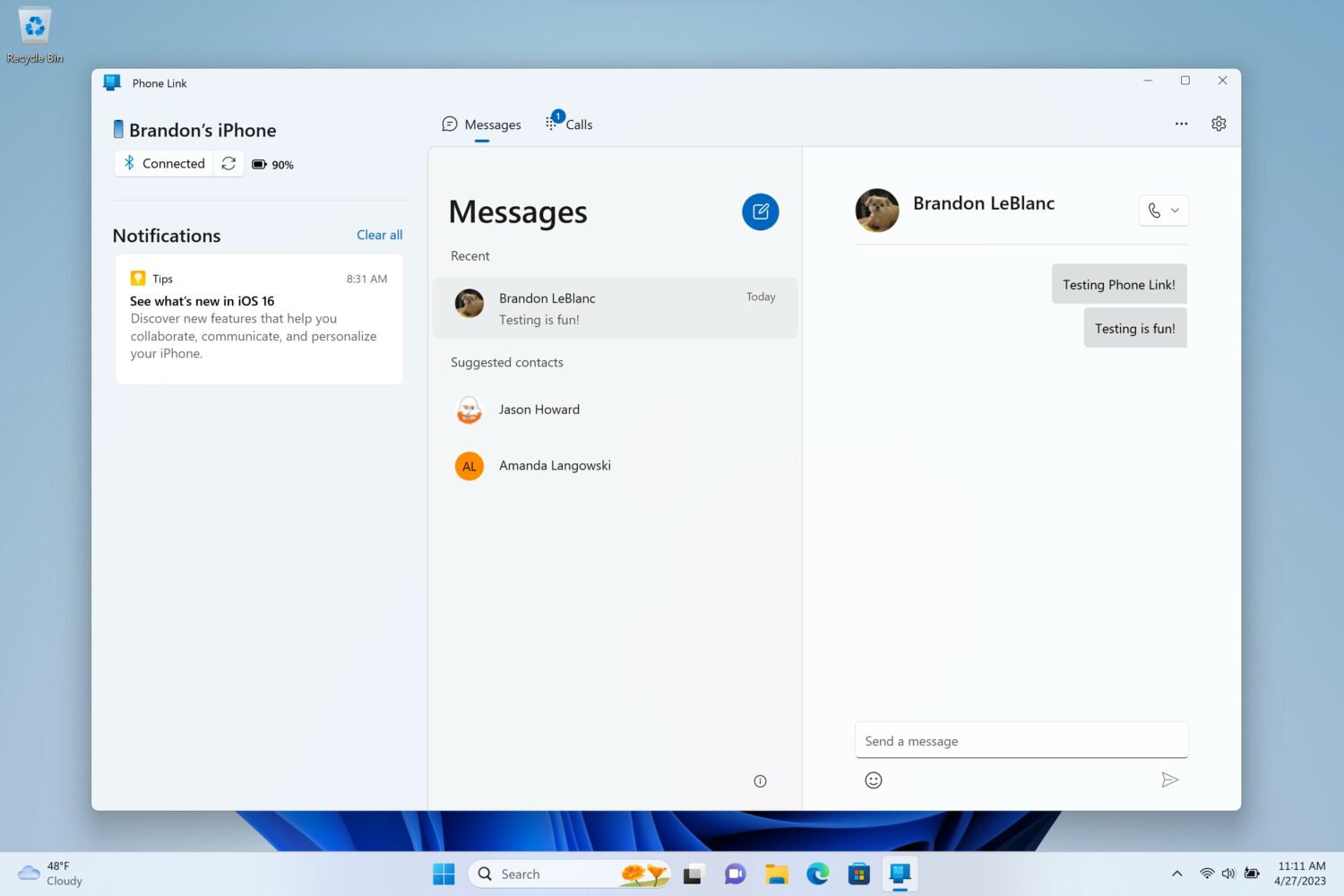 Using Phone Link to get iMessage chat on Windows 11
