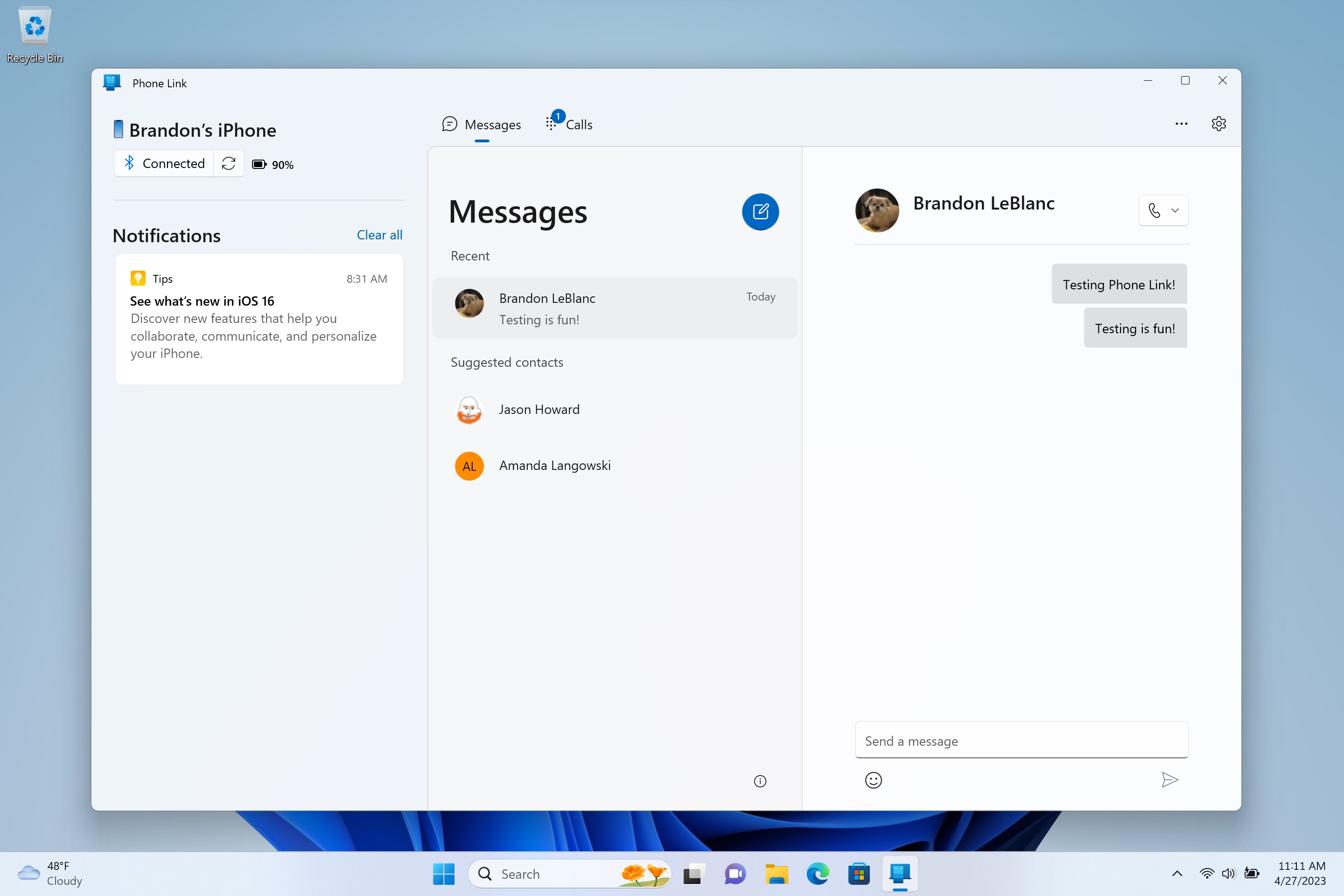 Using Phone Link to get iMessage chat on Windows 11