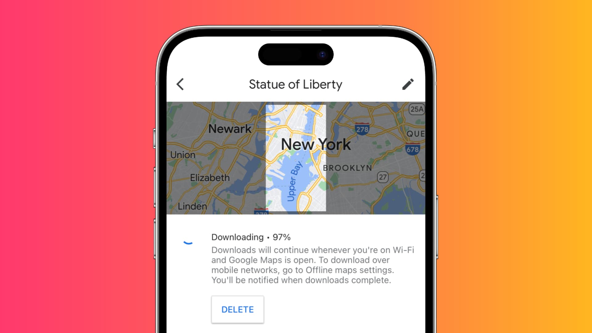 Offline map of Statue of Liberty downloading inside Google Maps on iPhone
